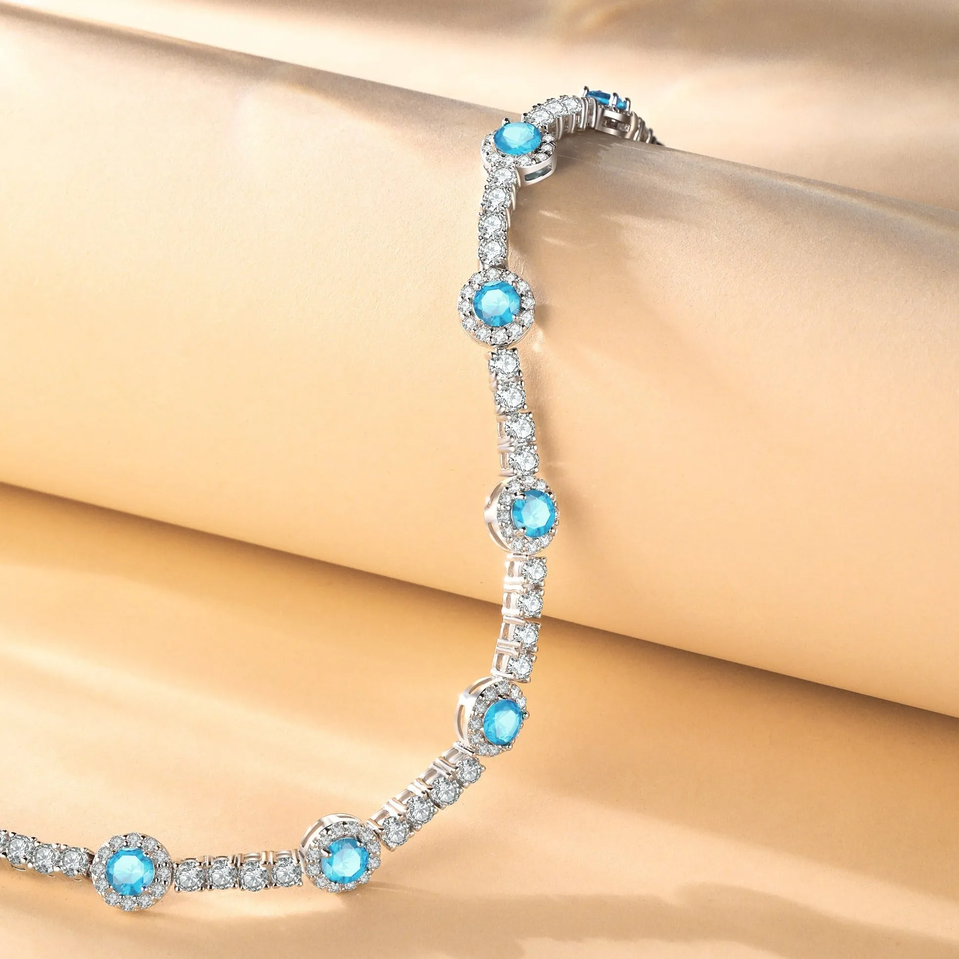 FANCIME "Noble Allure" March Birthstone Aquamarine Station Tennis Sterling Silver Bracelet