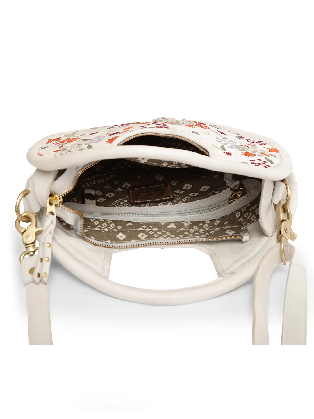 Floral Bliss: Round White Leather Handbag with Colorful Flower Embroidery