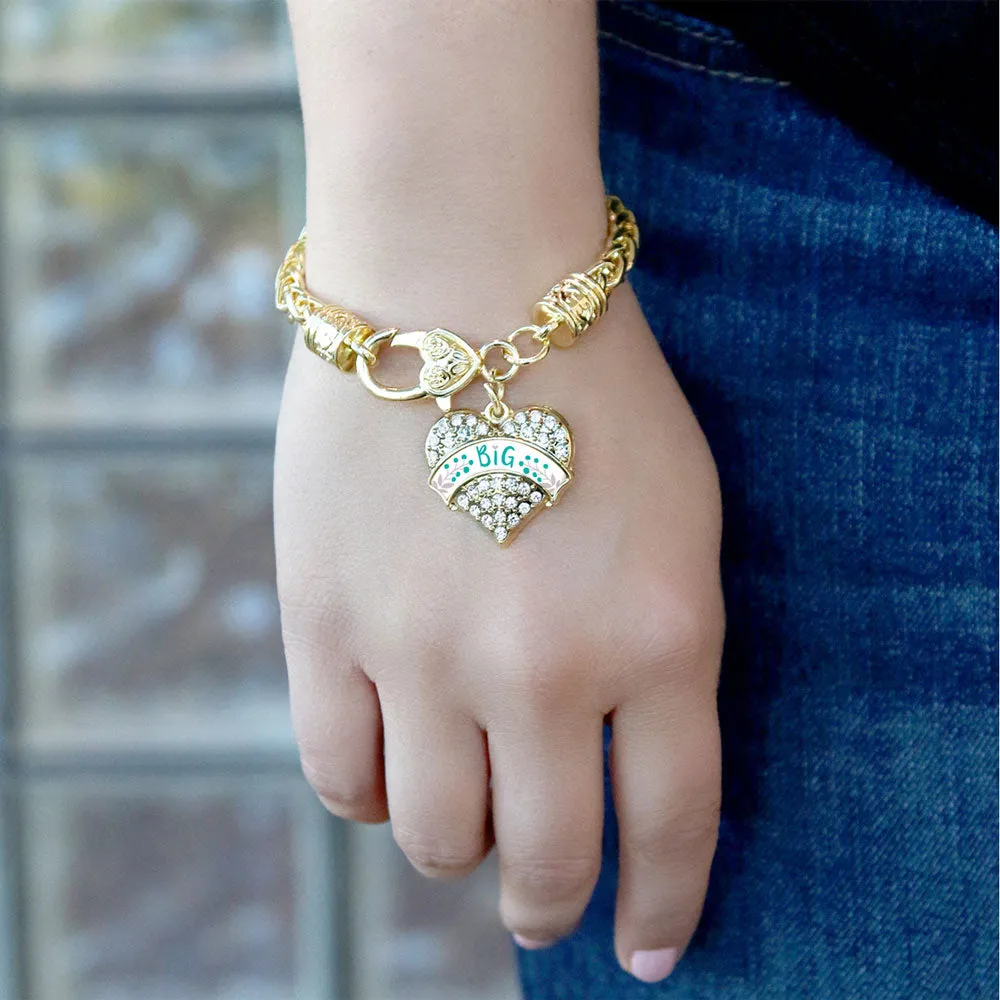 Gold Teal and Gray Big Pave Heart Charm Braided Bracelet