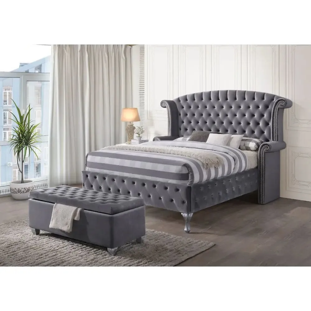 Jensen Button Tufted Wingback King Bed, Gray Velvet