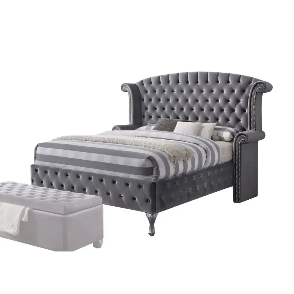 Jensen Button Tufted Wingback King Bed, Gray Velvet