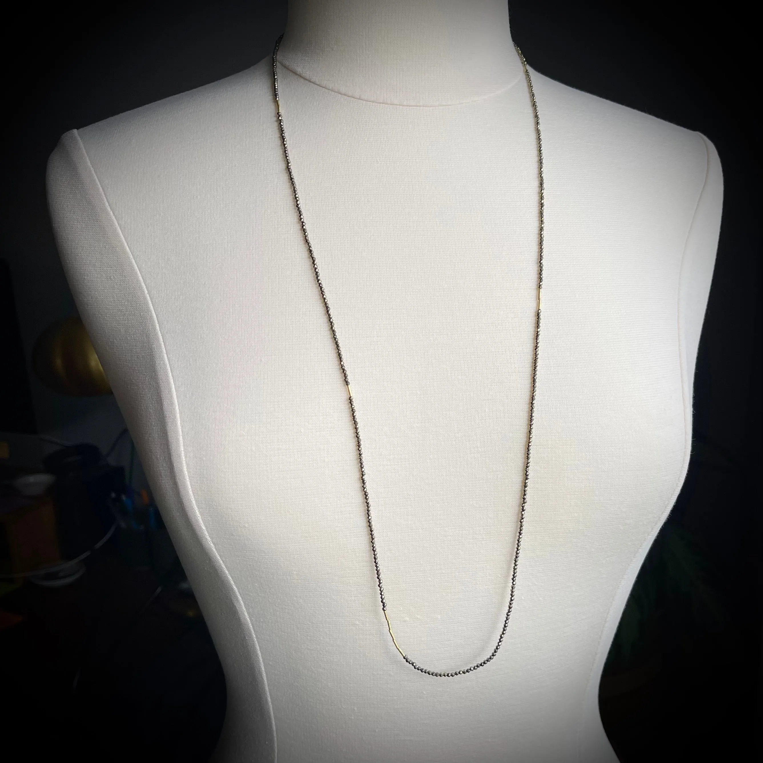 Long Pyrite Necklace with Gold Beads