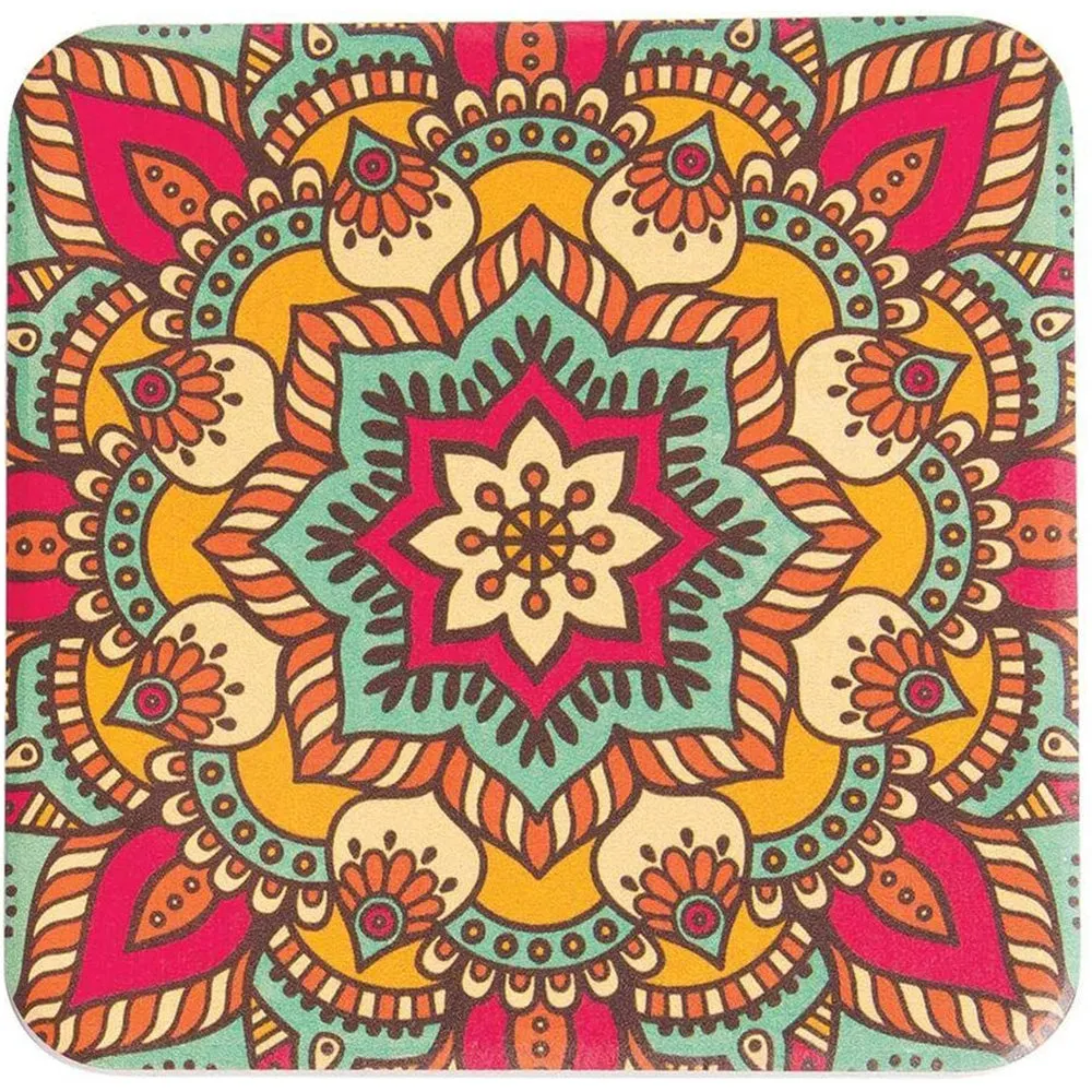 Mandala Artwork Ceramic Stone Drink Coaster, Square 3.75-Inch - Set of 4 - Decorative Kitchen And Coffee Table Accent