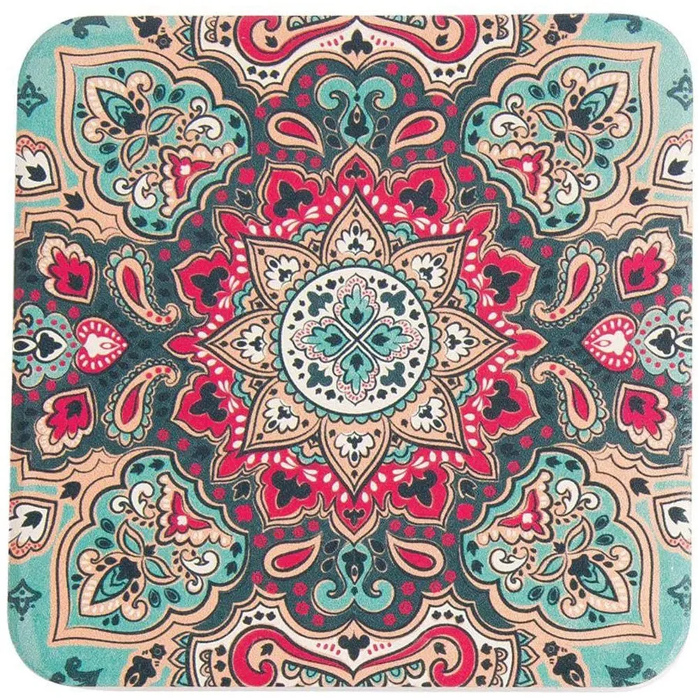 Mandala Artwork Ceramic Stone Drink Coaster, Square 3.75-Inch - Set of 4 - Decorative Kitchen And Coffee Table Accent