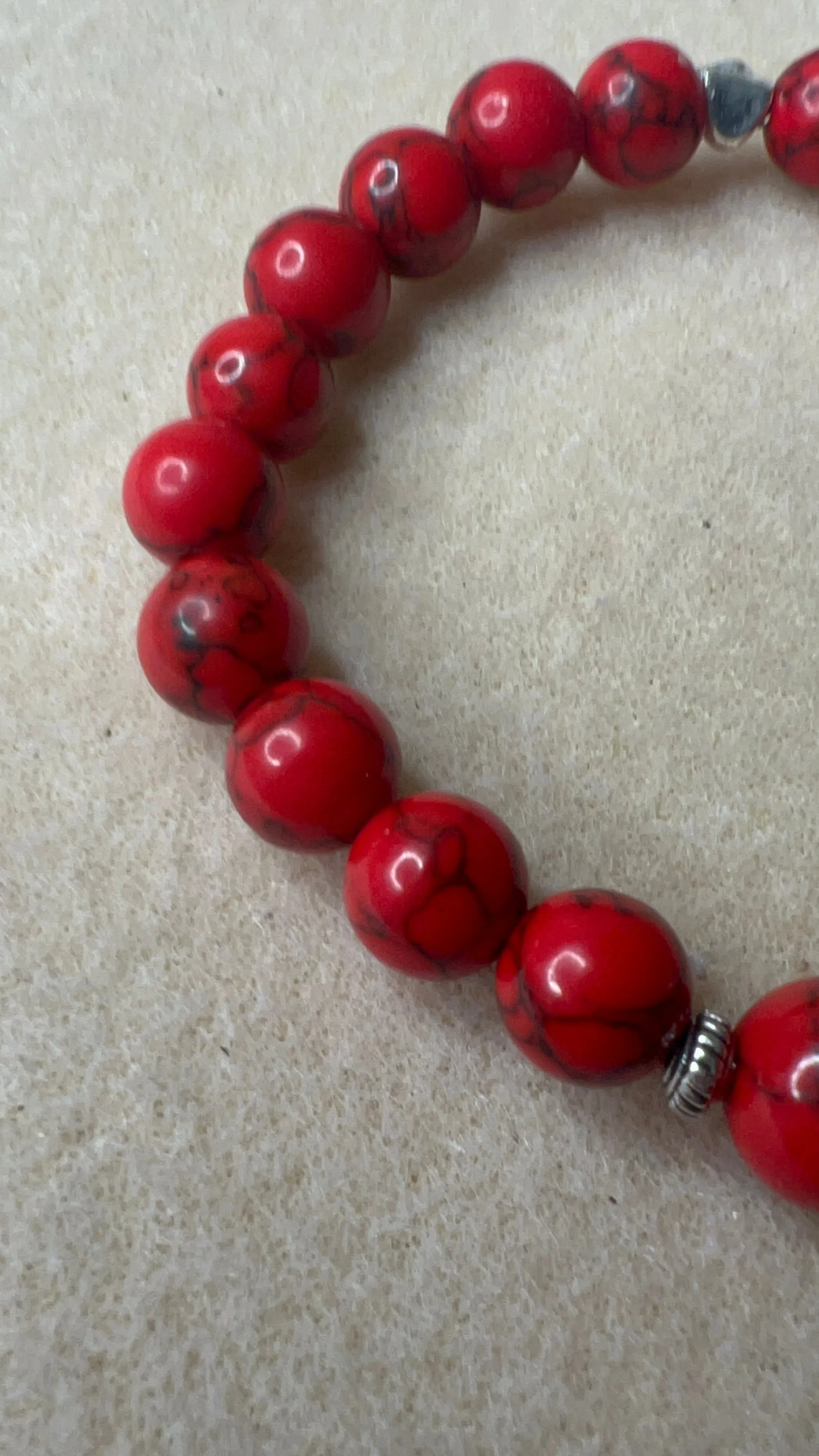 Medium Red Howlite with Silver Scalloped Spacers and tiny silver beads Stretch Bracelet