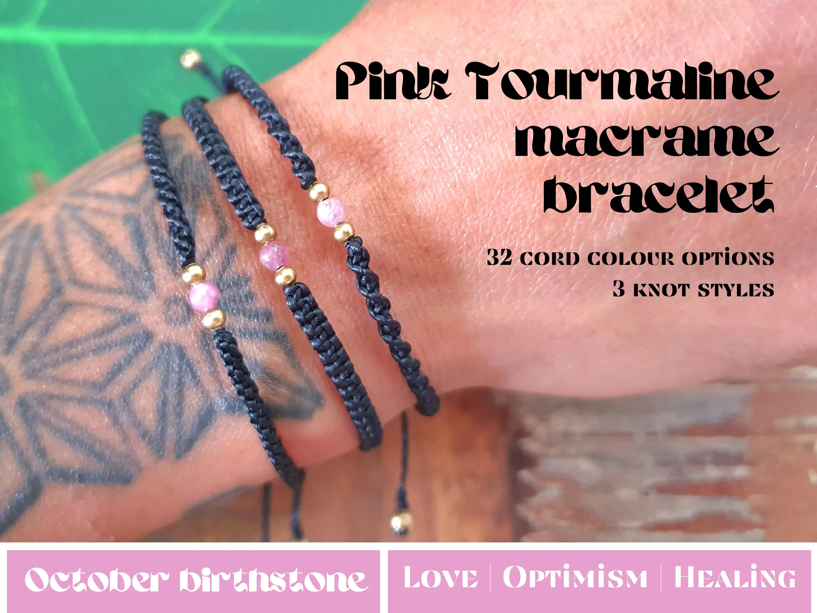 Men's bracelet, pink tourmaline bracelet for men, October birthstone gift birthday, happy healing love protection chakra choose cord colour