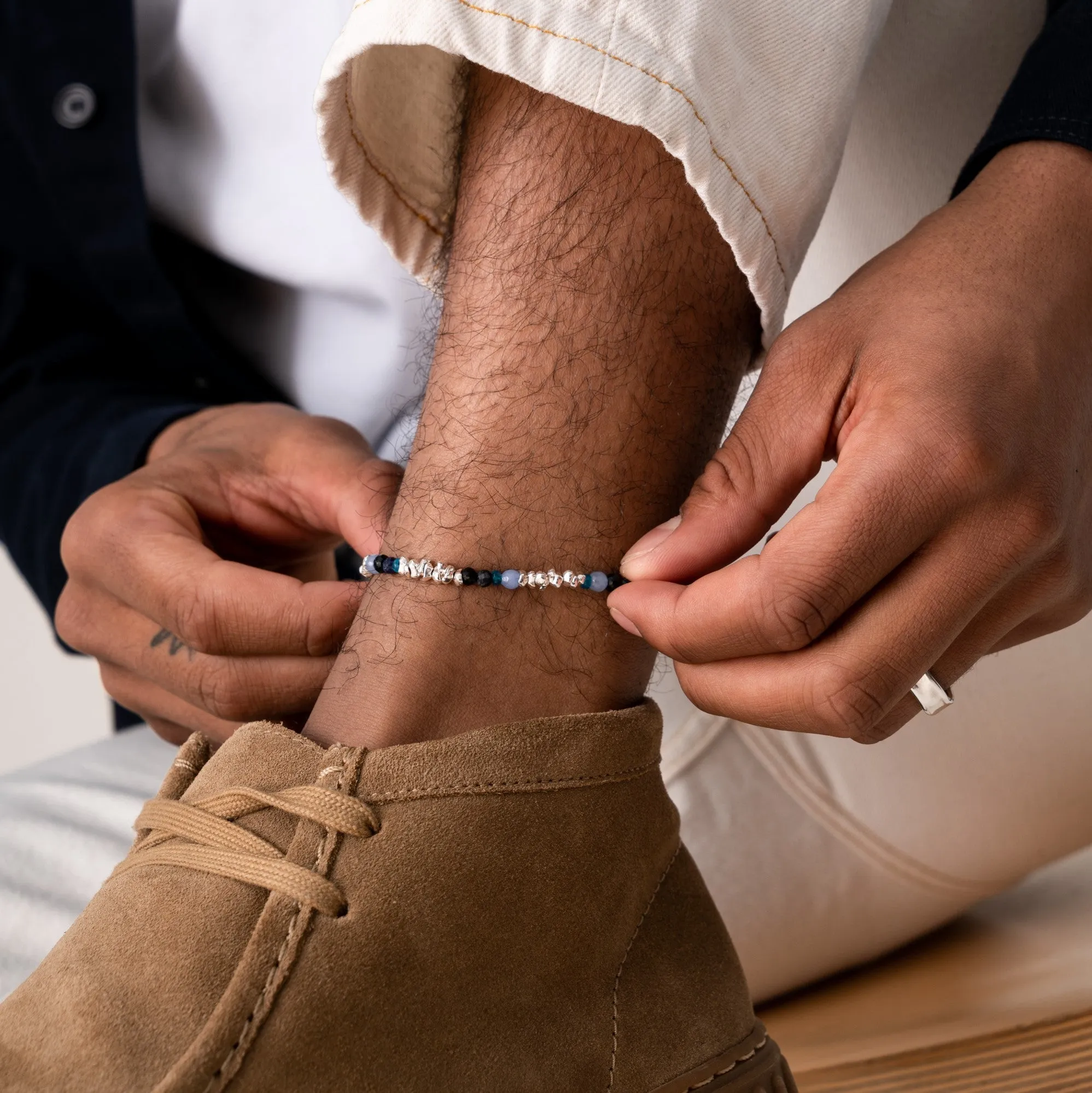 Men's Gemstones Jagged Silver Nugget Anklet