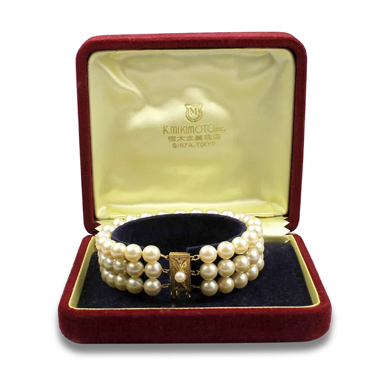 Mikimoto Estate 14k Yellow Gold Vintage 3-Strand Pearl Bracelet