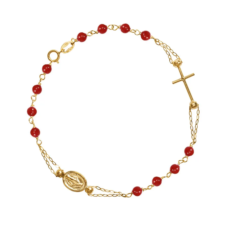 MIRACULOUS AND CROSS - CORAL ROSARY BRACELET - GOLD