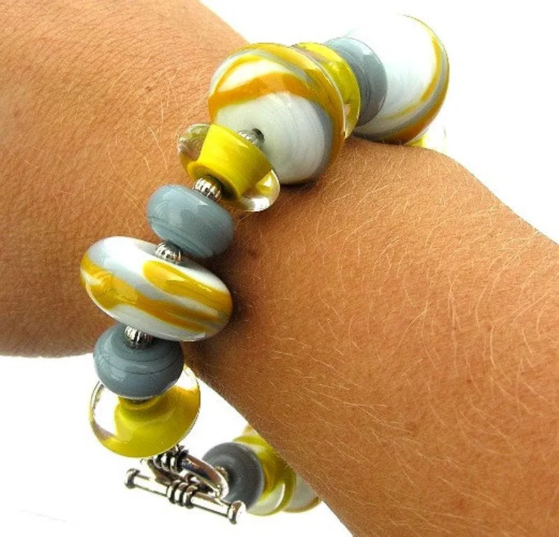 Mustard Yellow, Gray and White Beaded Toggle Bracelet