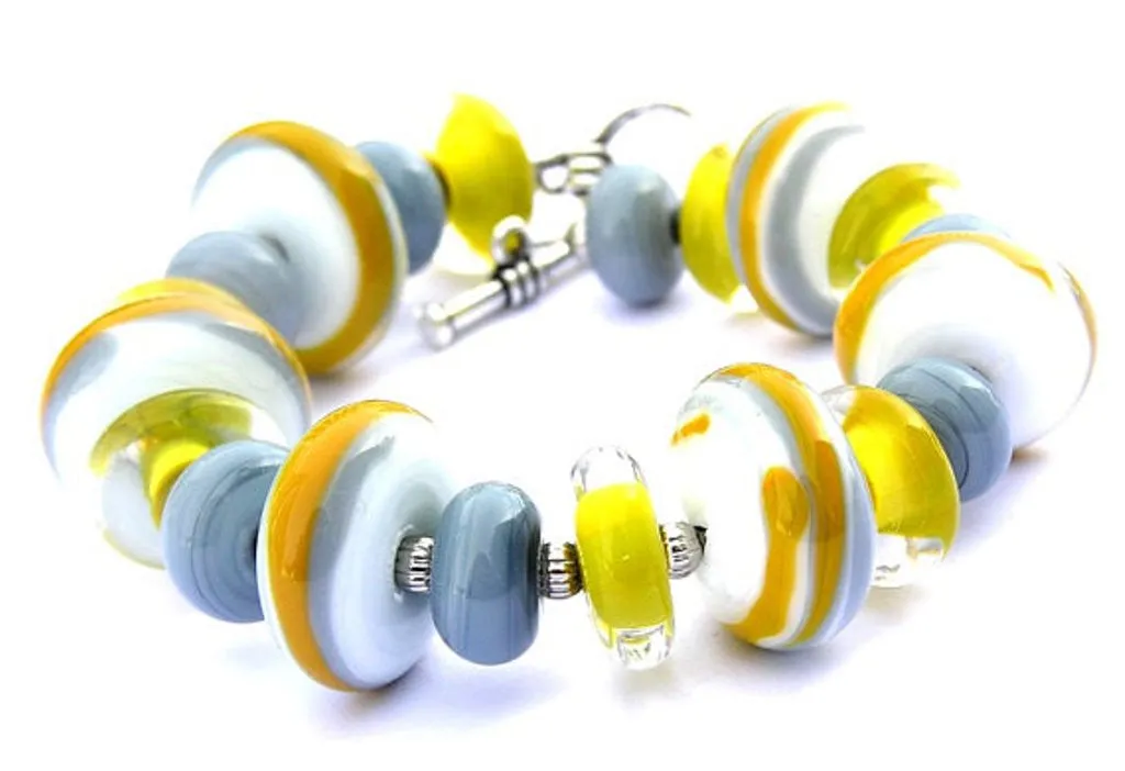 Mustard Yellow, Gray and White Beaded Toggle Bracelet