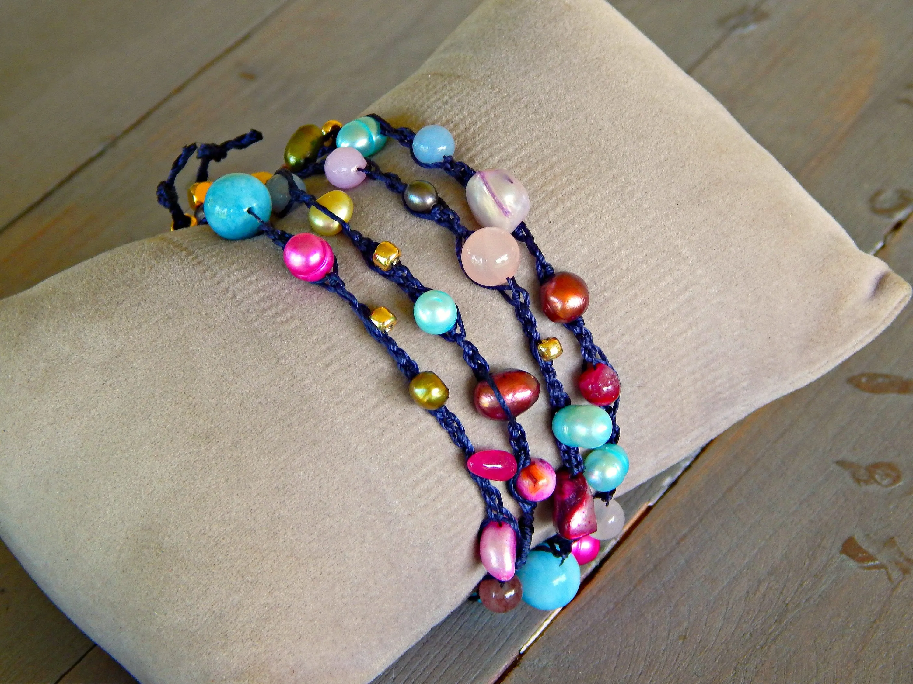 Navy, Berry Pink, Shell and Pearl Wrap Bracelet, Anklet, Necklace