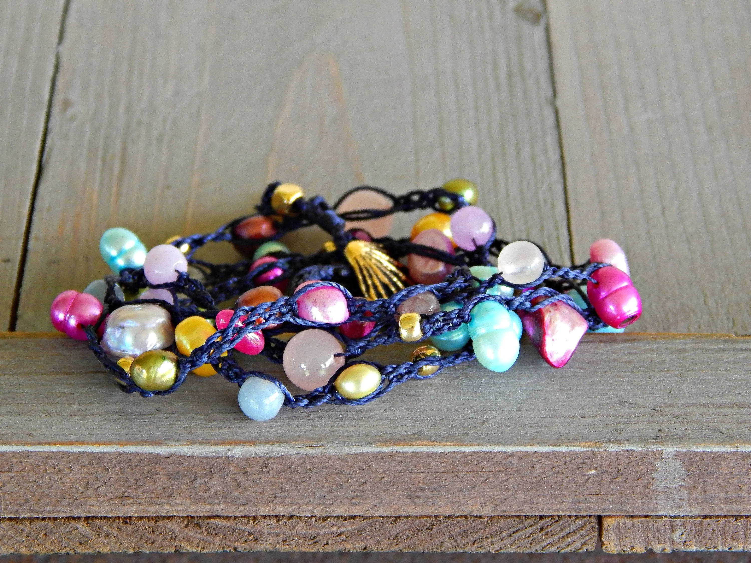 Navy, Berry Pink, Shell and Pearl Wrap Bracelet, Anklet, Necklace