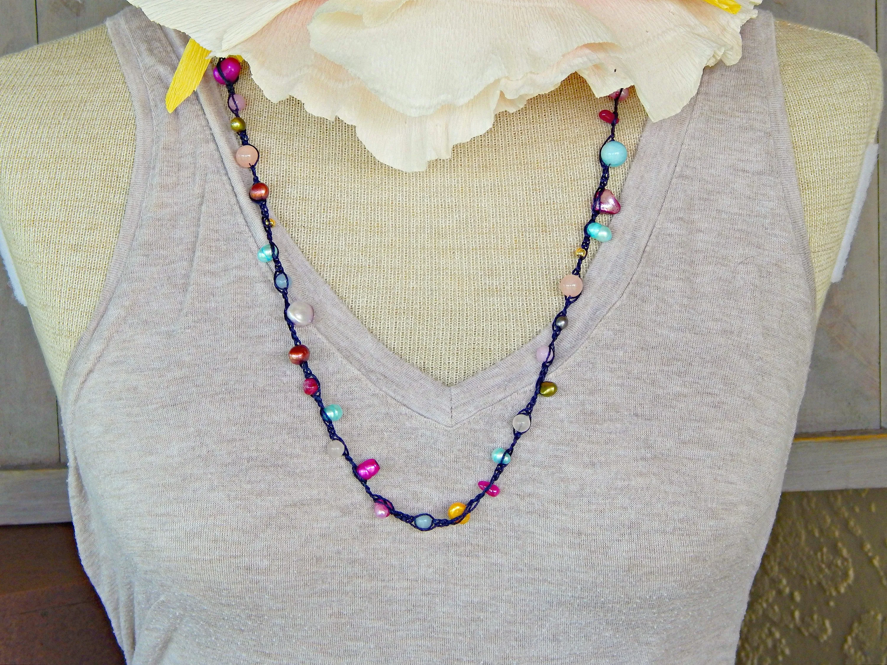 Navy, Berry Pink, Shell and Pearl Wrap Bracelet, Anklet, Necklace