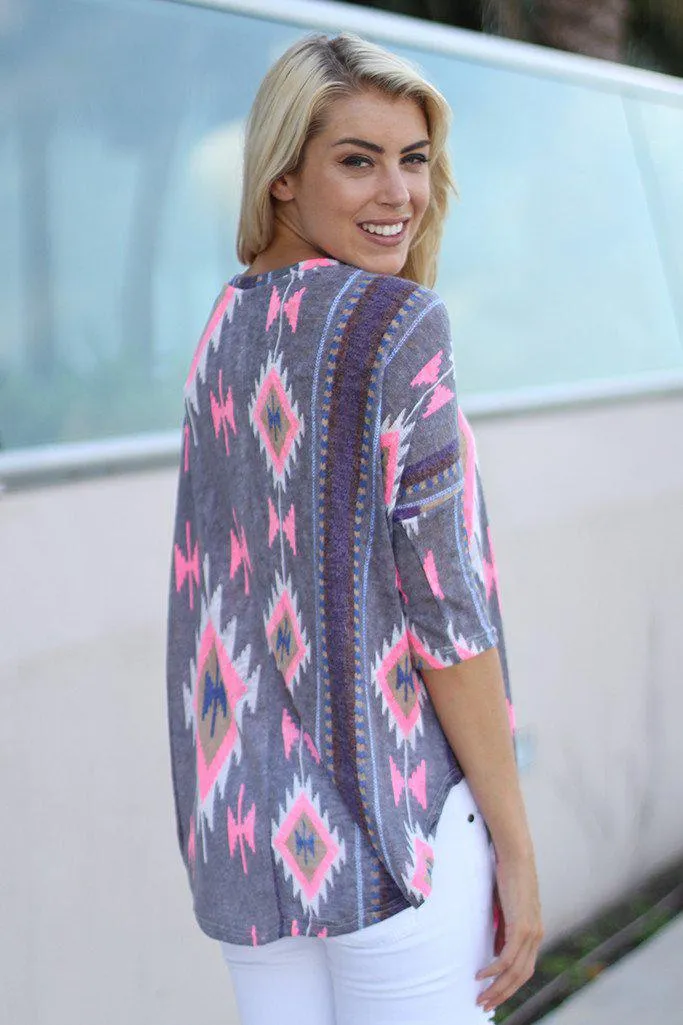 Neon Pink And Gray Top With Crochet Pocket