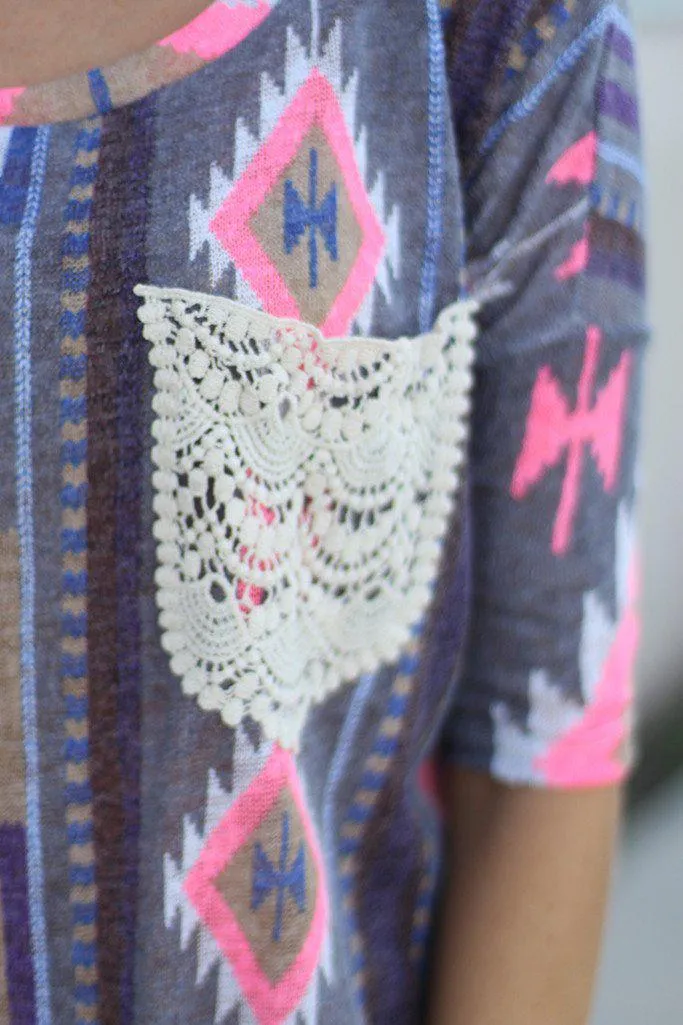 Neon Pink And Gray Top With Crochet Pocket