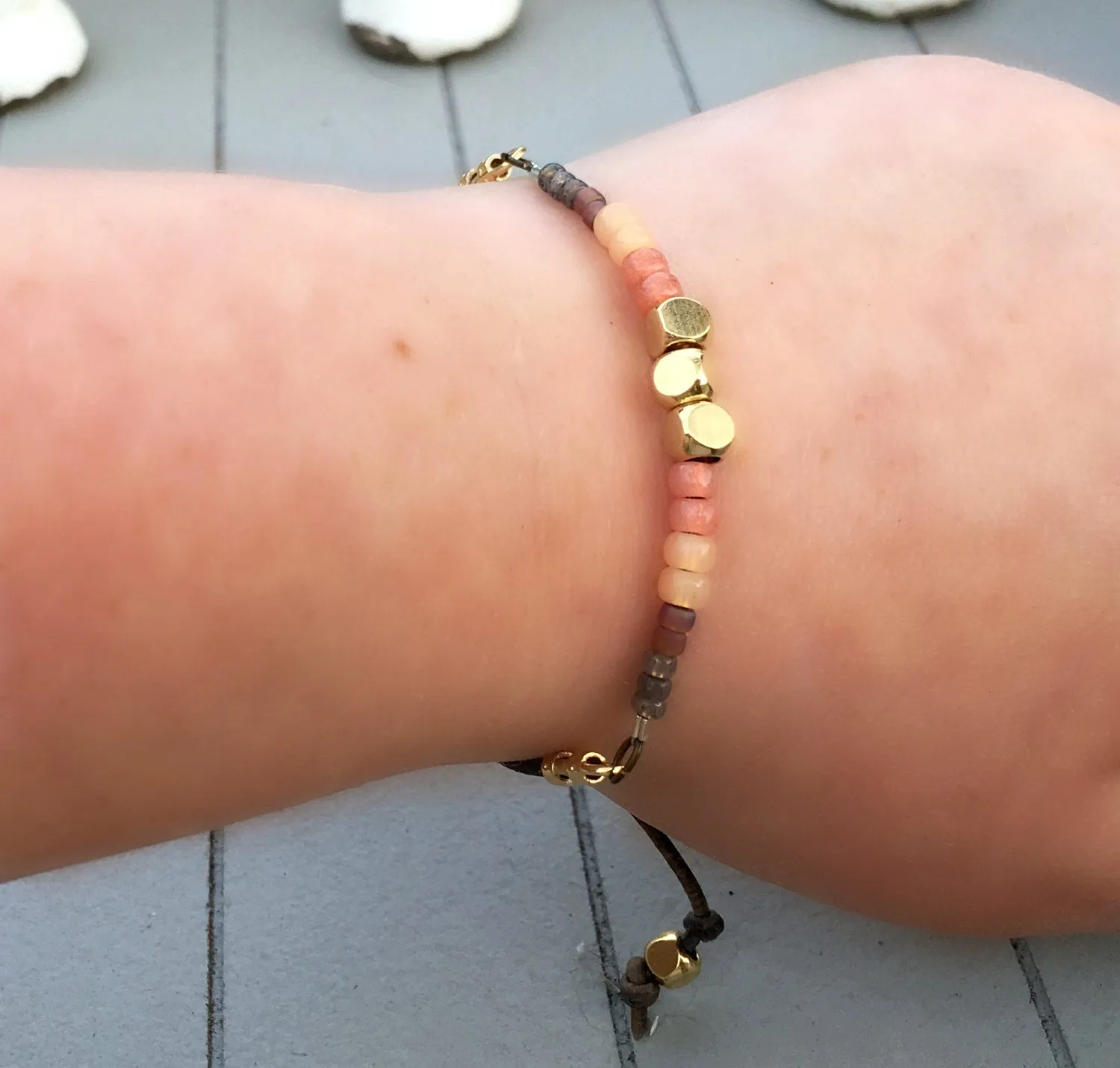 Peach Coral and Brown with Gold Adjustable Stack bracelet