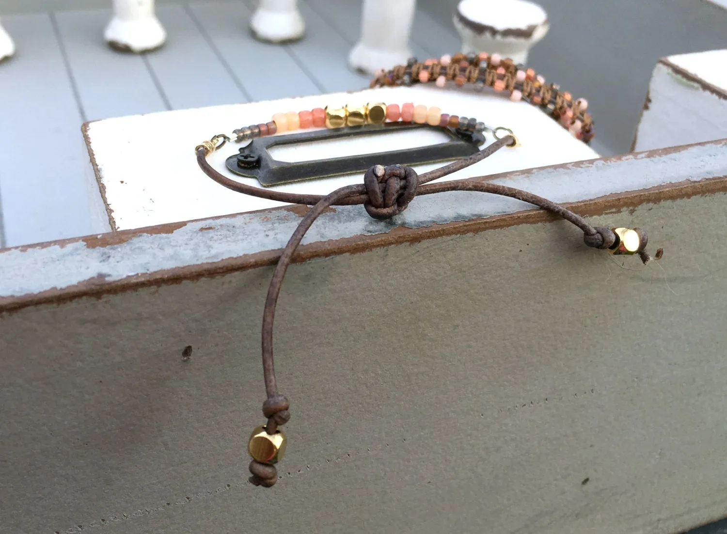 Peach Coral and Brown with Gold Adjustable Stack bracelet