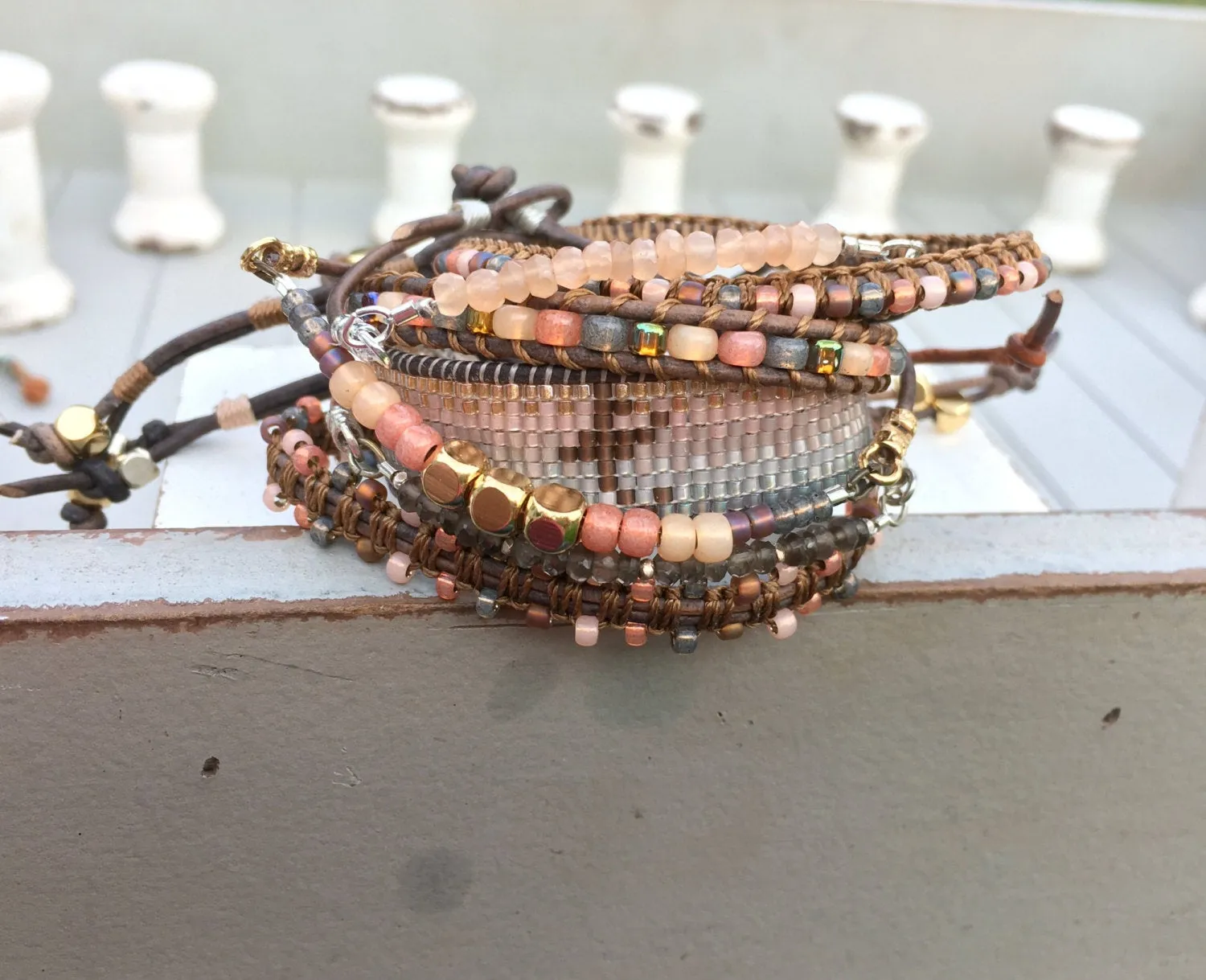 Peach Coral and Brown with Gold Adjustable Stack bracelet