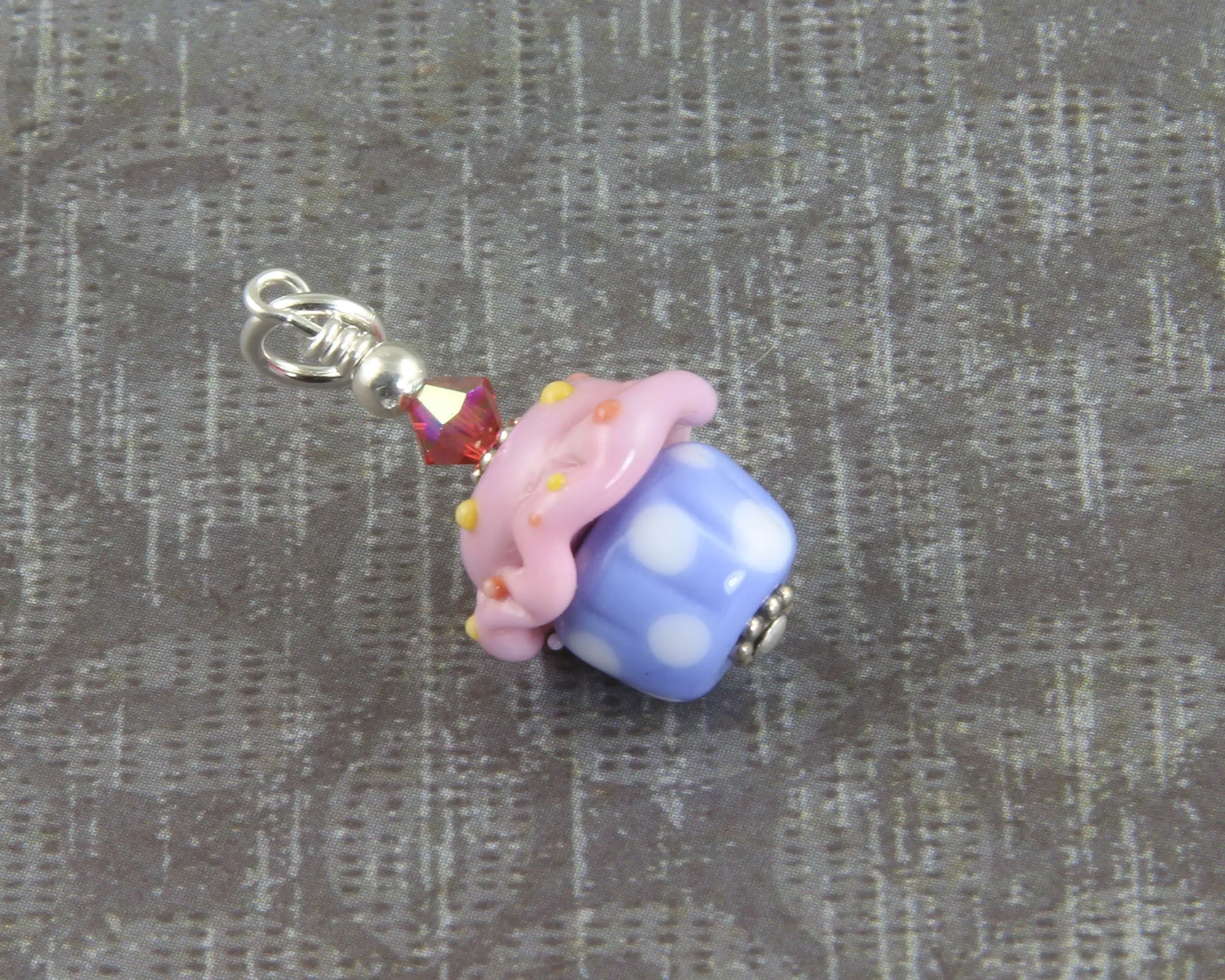 Pink Blue Cupcake Lampwork Glass Charms, Sterling Silver