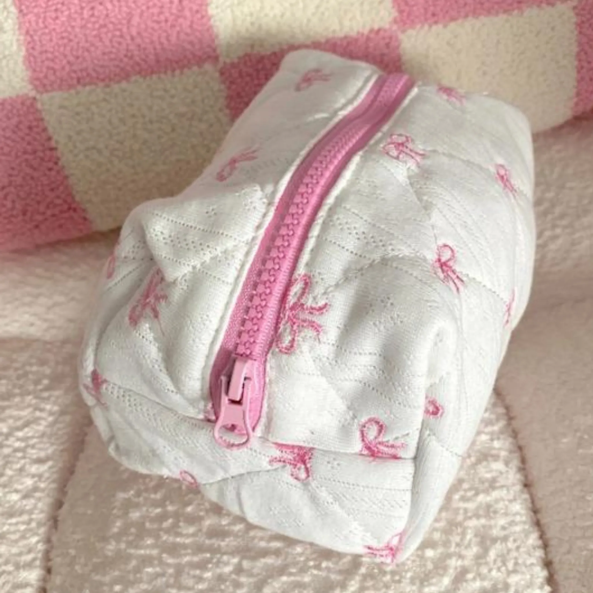 Pink Bows Small Embroidered Makeup Bag