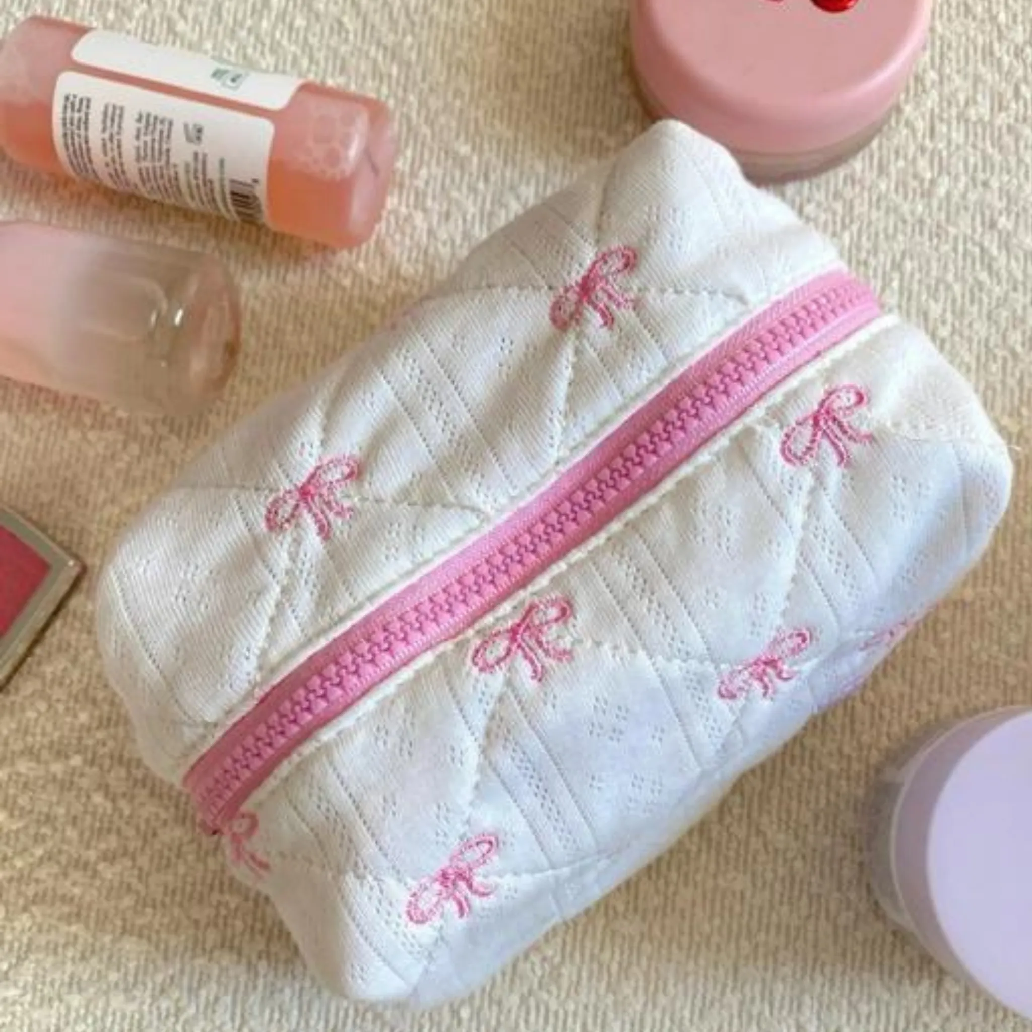 Pink Bows Small Embroidered Makeup Bag