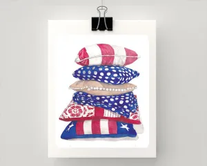 Print of stacked Red, White and Blue Cushions