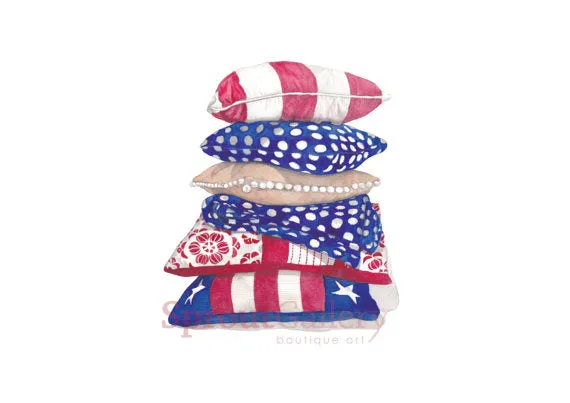 Print of stacked Red, White and Blue Cushions