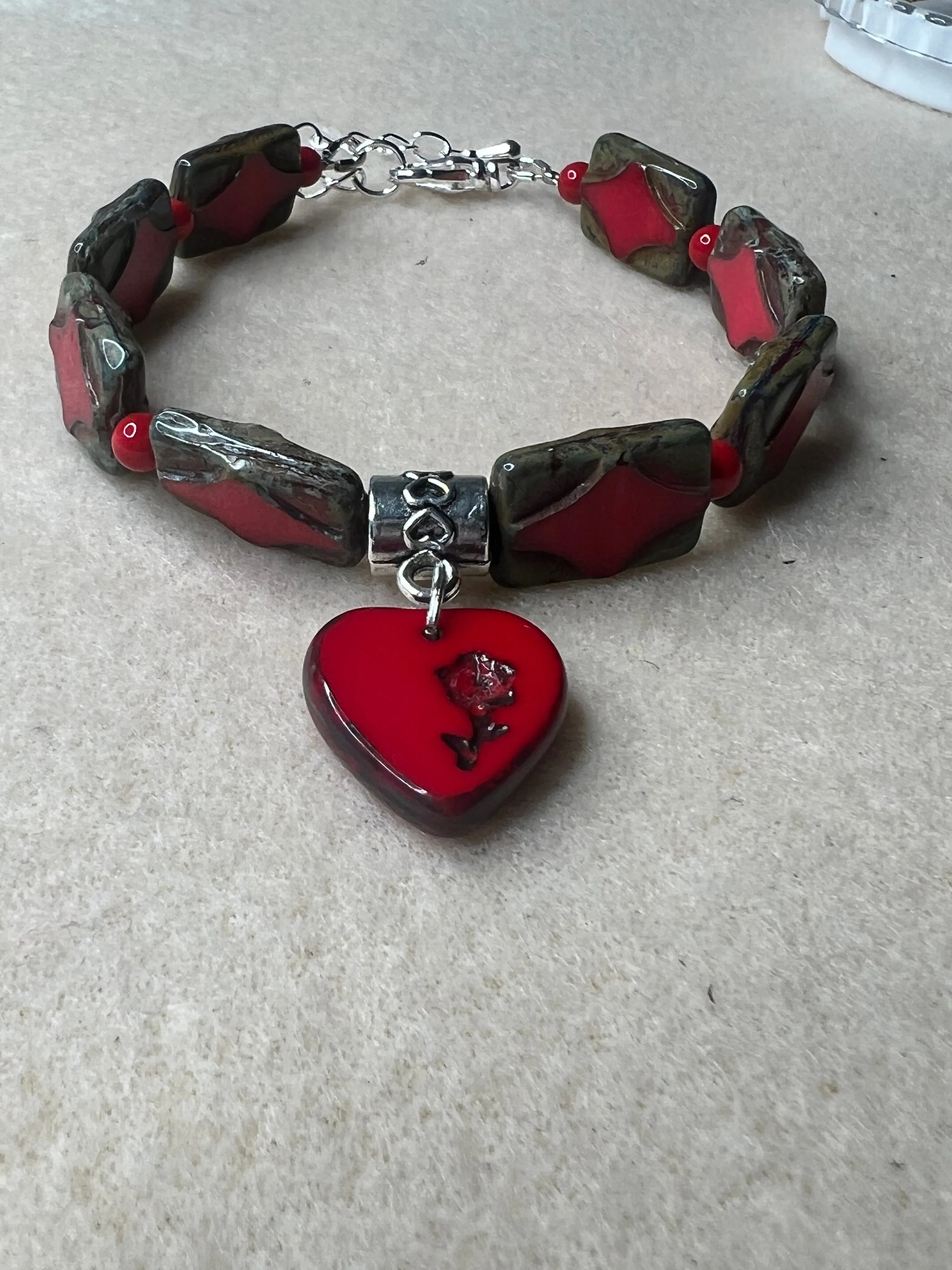 Red, bronze and silver Bracelet with Flower Heart Pendant