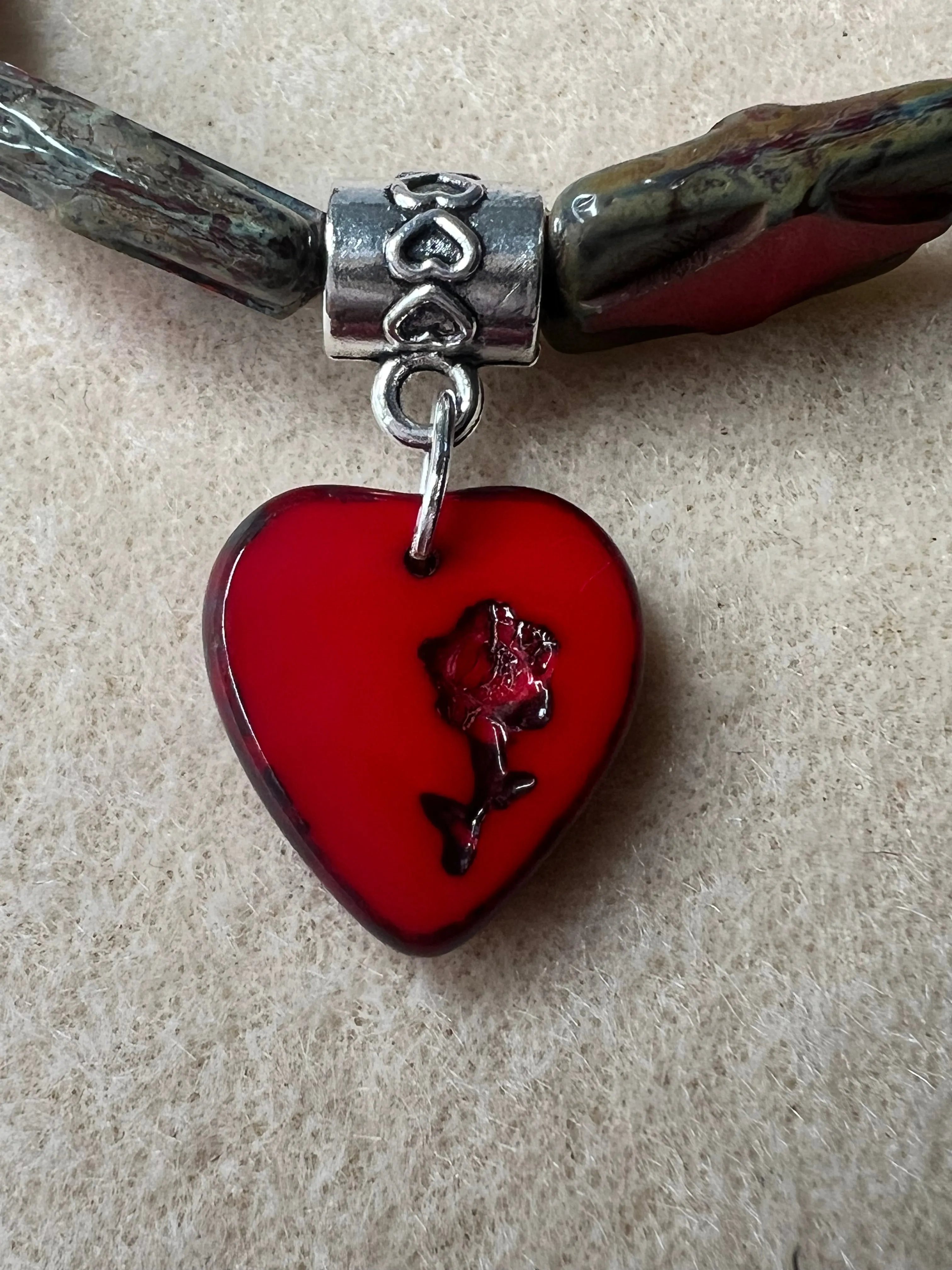 Red, bronze and silver Bracelet with Flower Heart Pendant