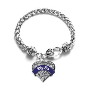 Silver Navy Blue Big Sister Pave Heart Charm Braided Bracelet