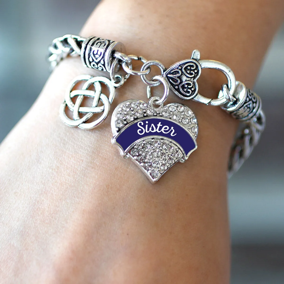 Silver Navy Blue Sister Celtic Knot Pave Heart Charm Braided Bracelet