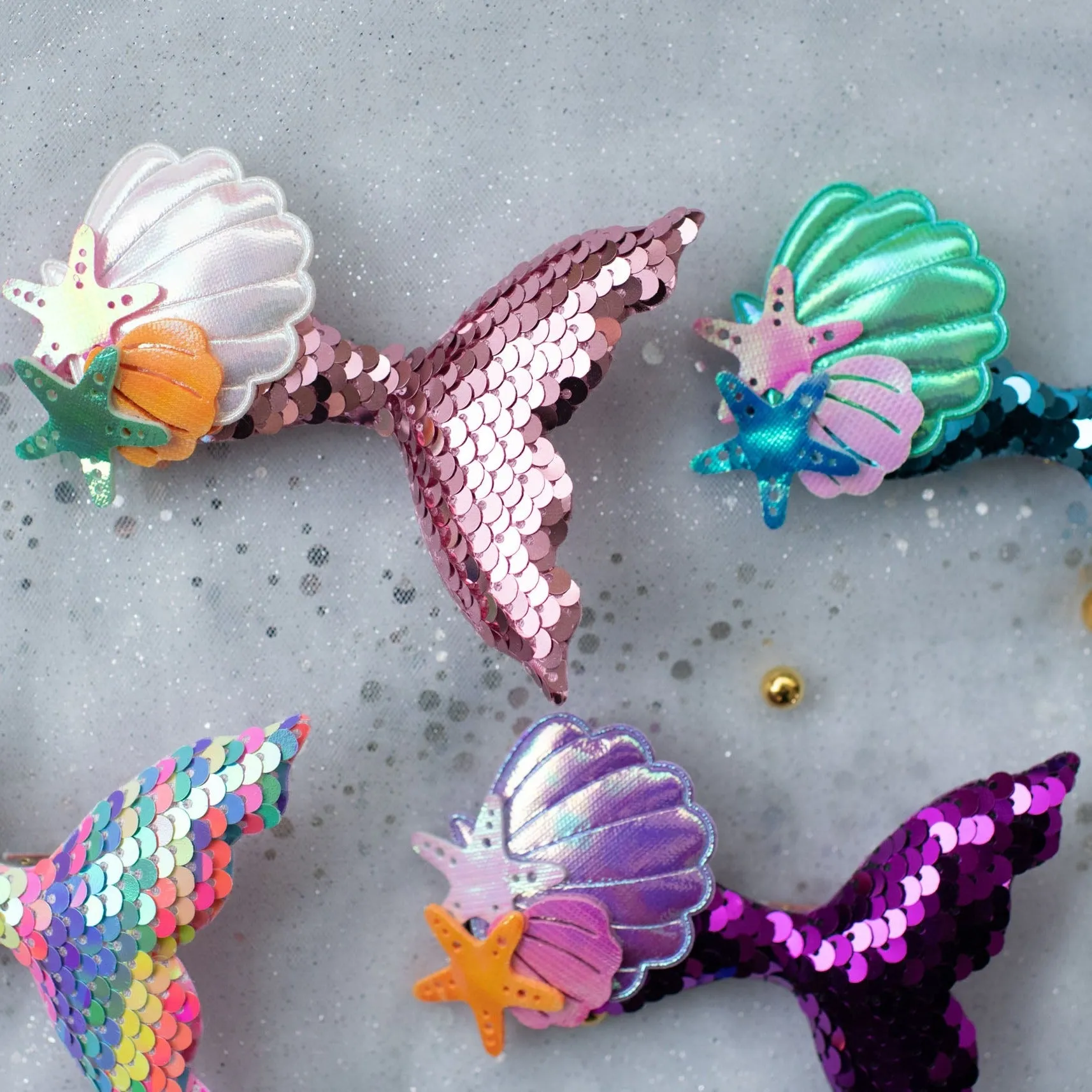 Summer Crystal Sparkling Sequins Mermaid Tail with Starry Shell Hair Clip For Girls - Stylish Alligator Hair Accessory