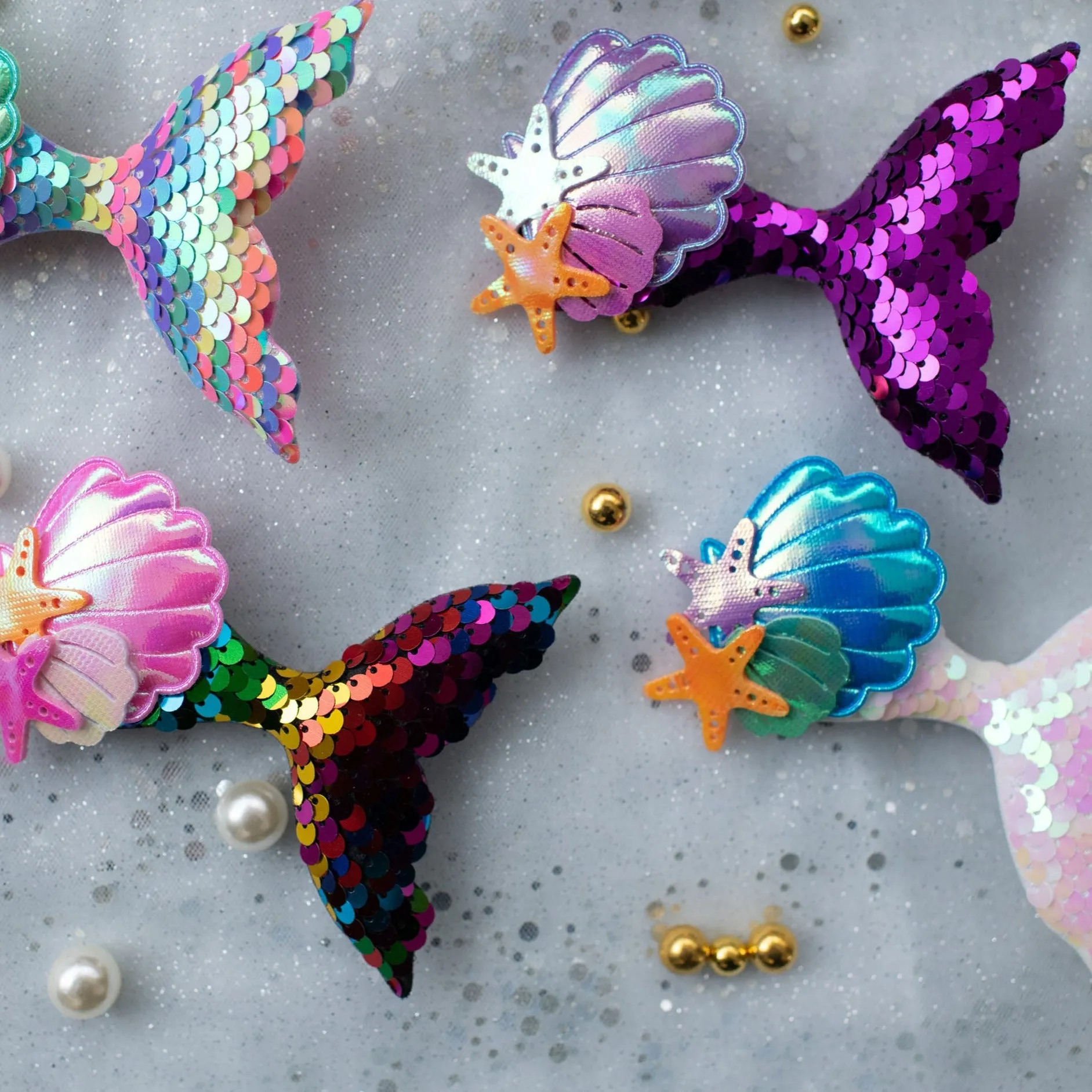 Summer Crystal Sparkling Sequins Mermaid Tail with Starry Shell Hair Clip For Girls - Stylish Alligator Hair Accessory