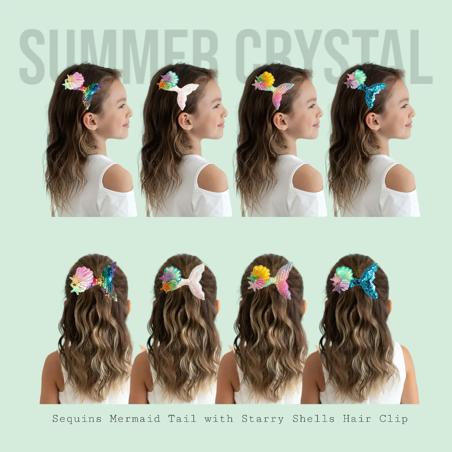 Summer Crystal Sparkling Sequins Mermaid Tail with Starry Shell Hair Clip For Girls - Stylish Alligator Hair Accessory