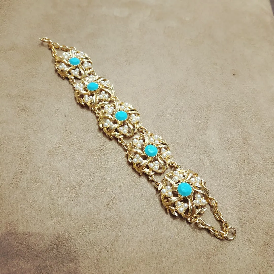 Turquoise Floral Swirl Pearl Gold Vintage Bracelet