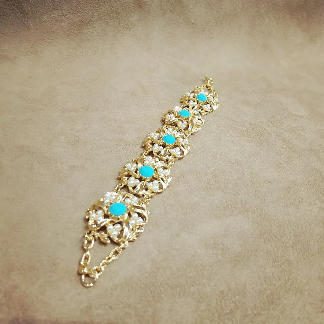 Turquoise Floral Swirl Pearl Gold Vintage Bracelet