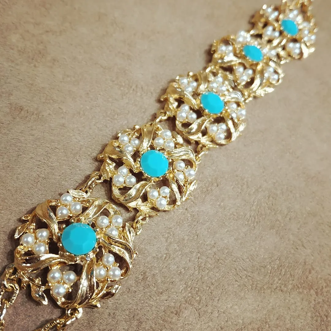 Turquoise Floral Swirl Pearl Gold Vintage Bracelet