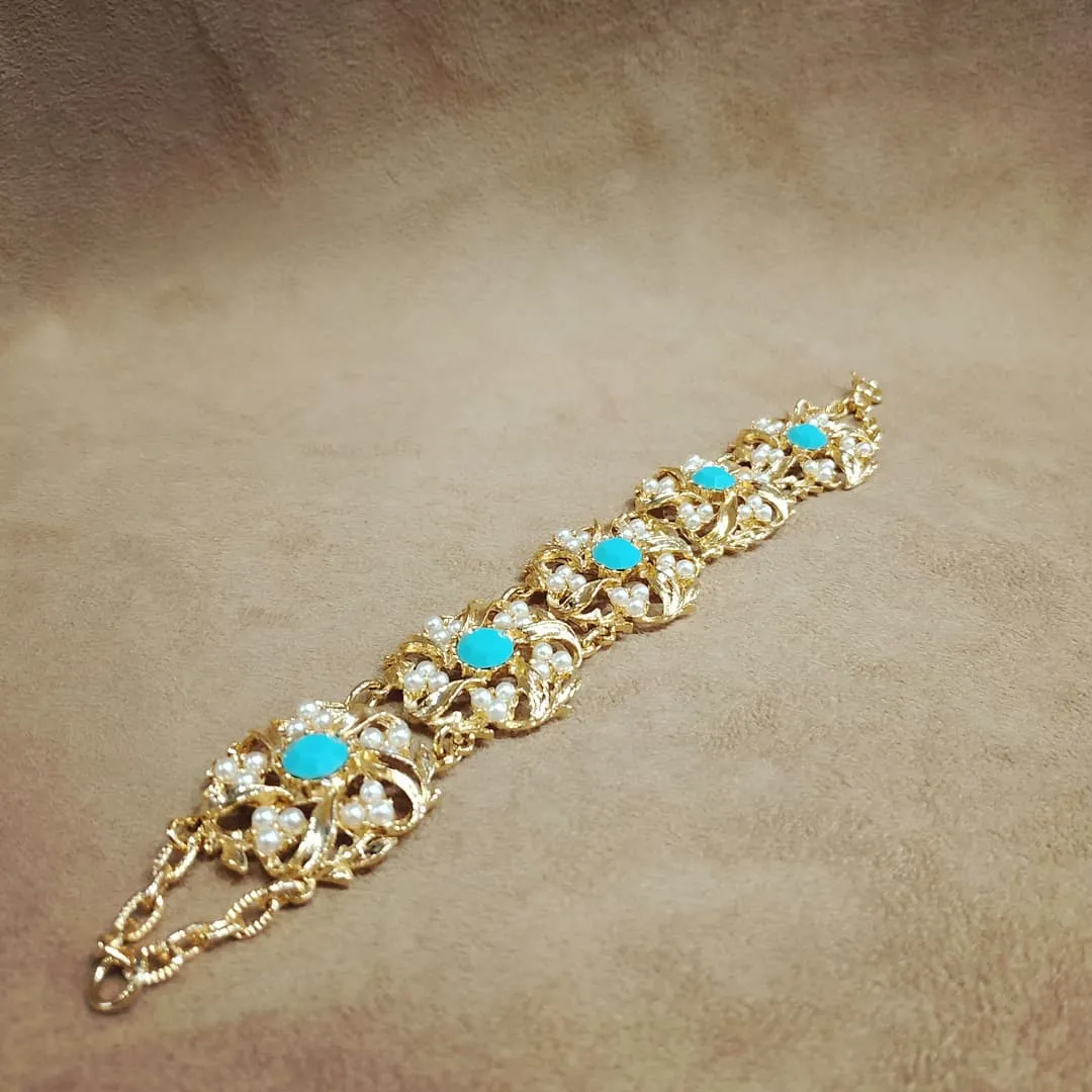 Turquoise Floral Swirl Pearl Gold Vintage Bracelet