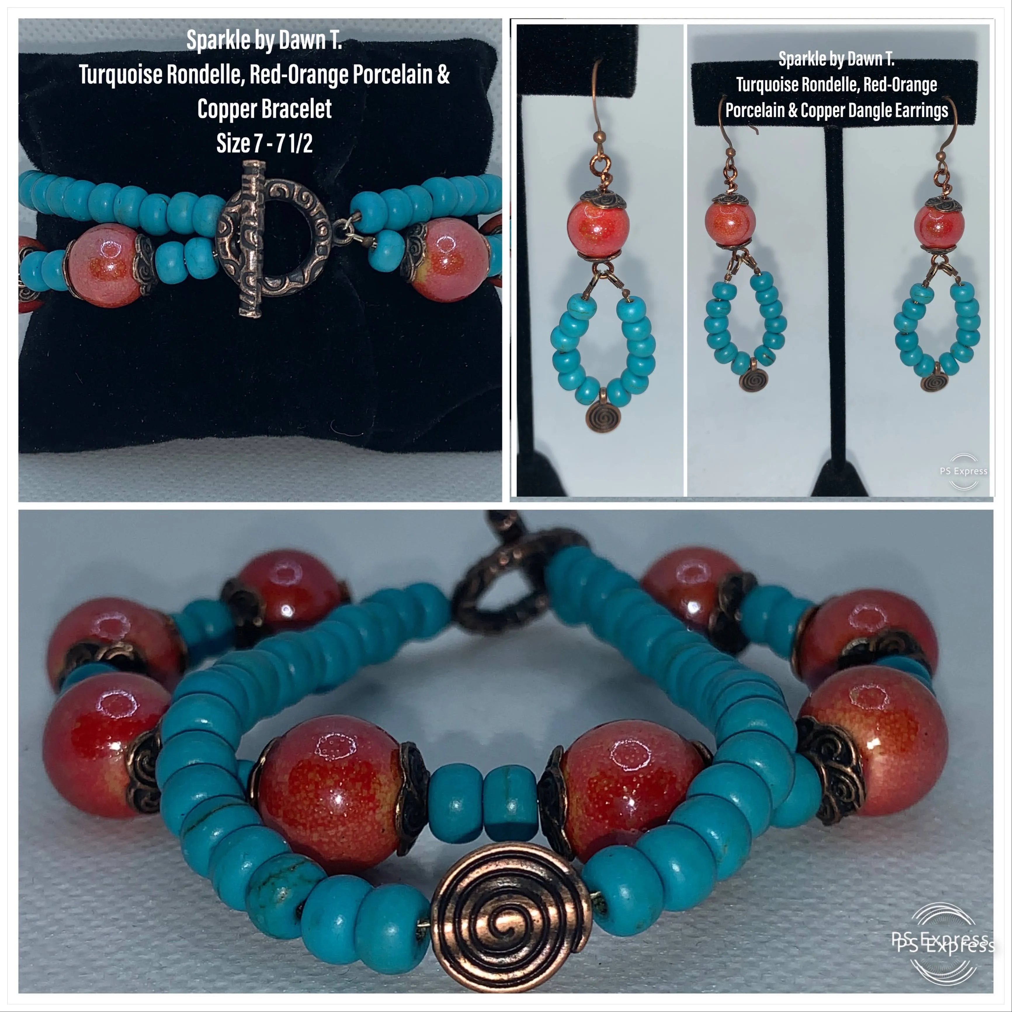 Turquoise Rondell, Red-Orange Porcelain and Copper Double-Strand Bracelet size 7-7 1_2 and matching earrings