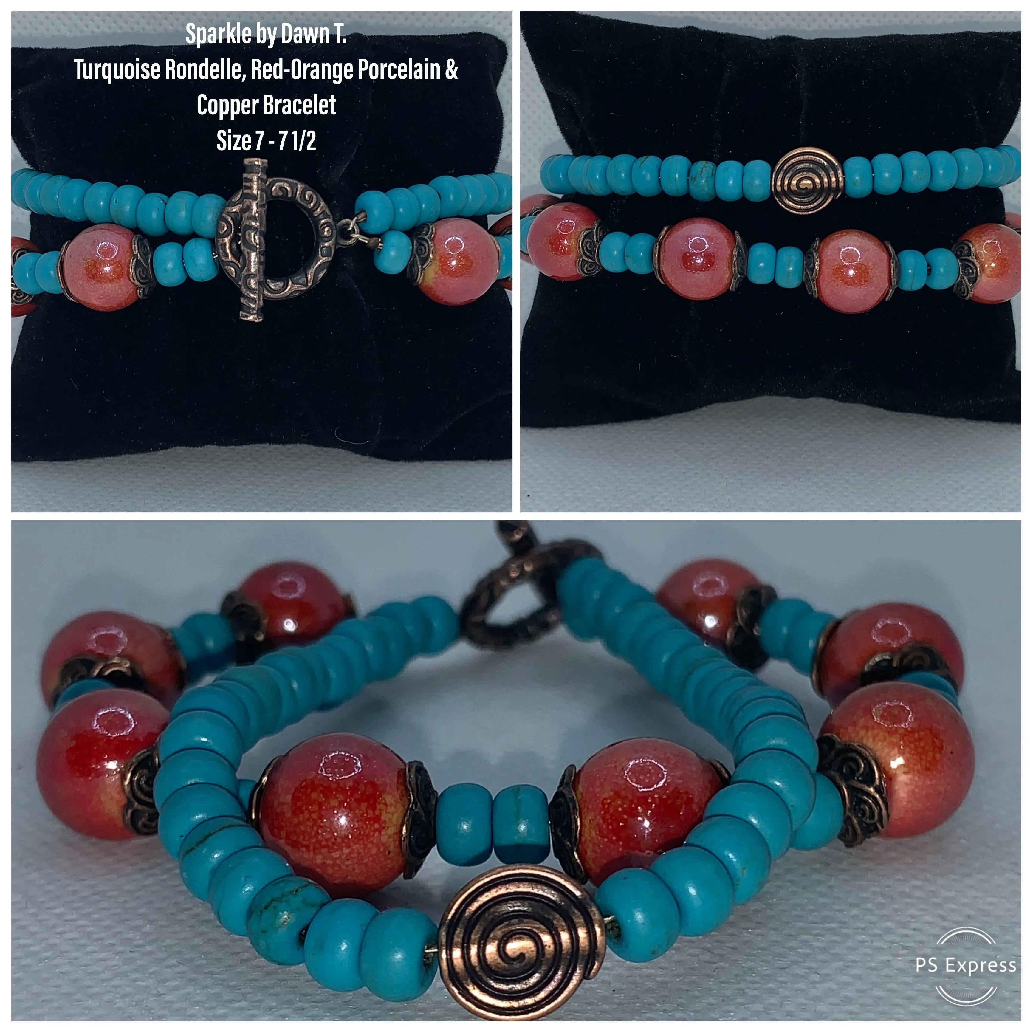 Turquoise Rondell, Red-Orange Porcelain and Copper Double-Strand Bracelet size 7-7 1_2 and matching earrings