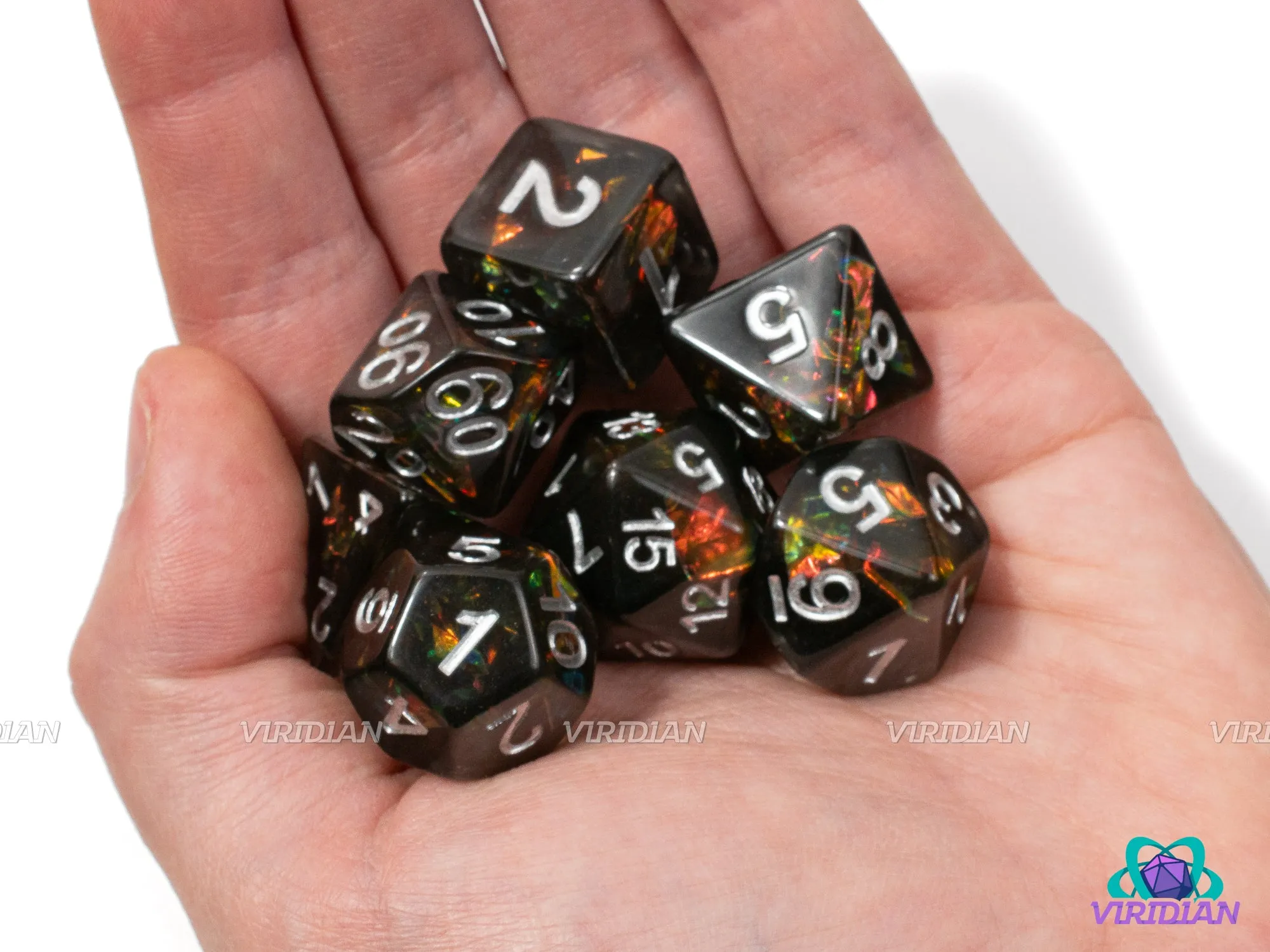 Underdark Arcana | Smoky Gray-Black Translucent, Sparkly Holographic Film | Resin Dice Set (7)