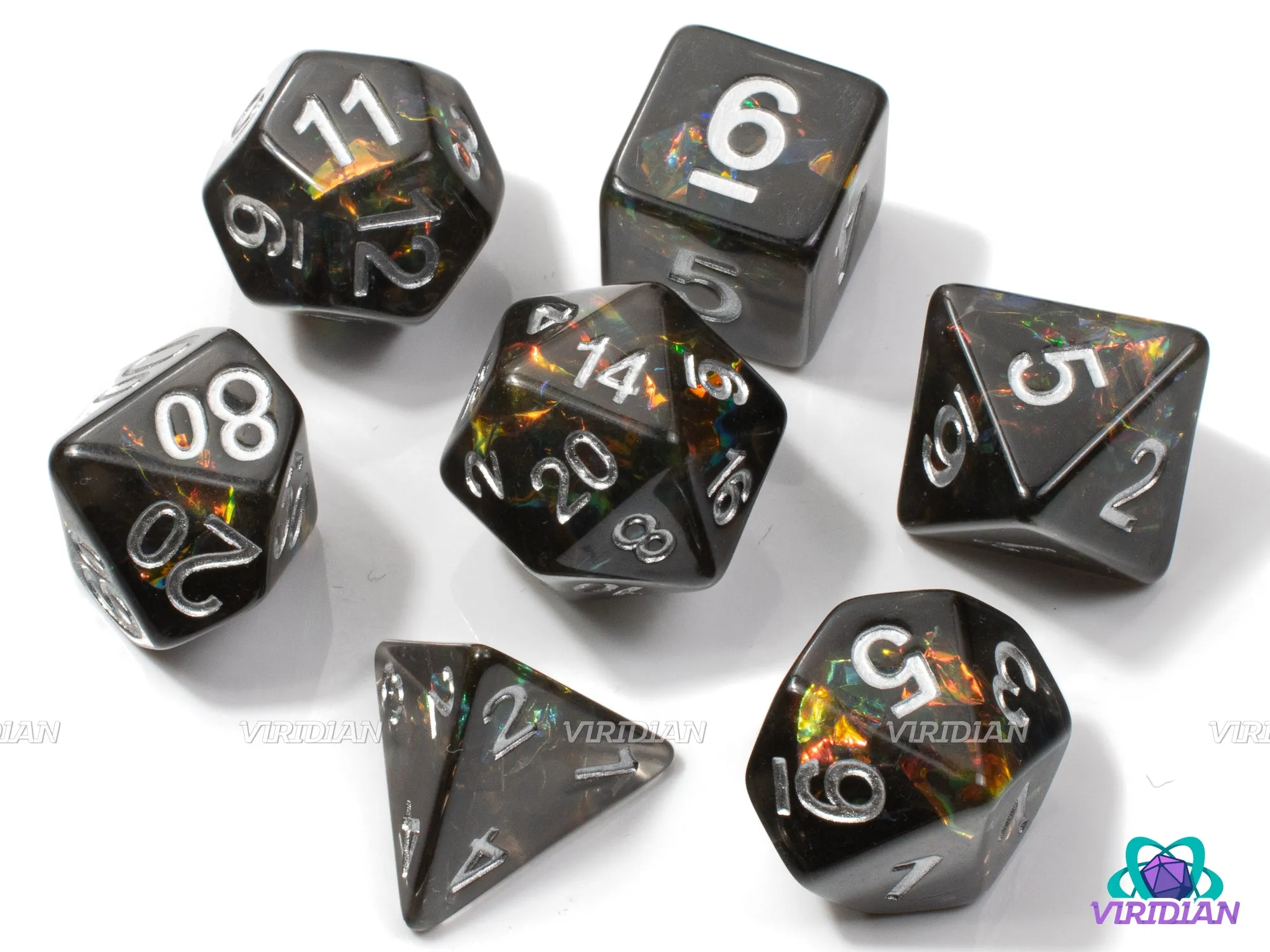 Underdark Arcana | Smoky Gray-Black Translucent, Sparkly Holographic Film | Resin Dice Set (7)