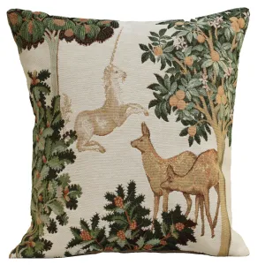 Unicorn and Does Forest White French Tapestry Cushion