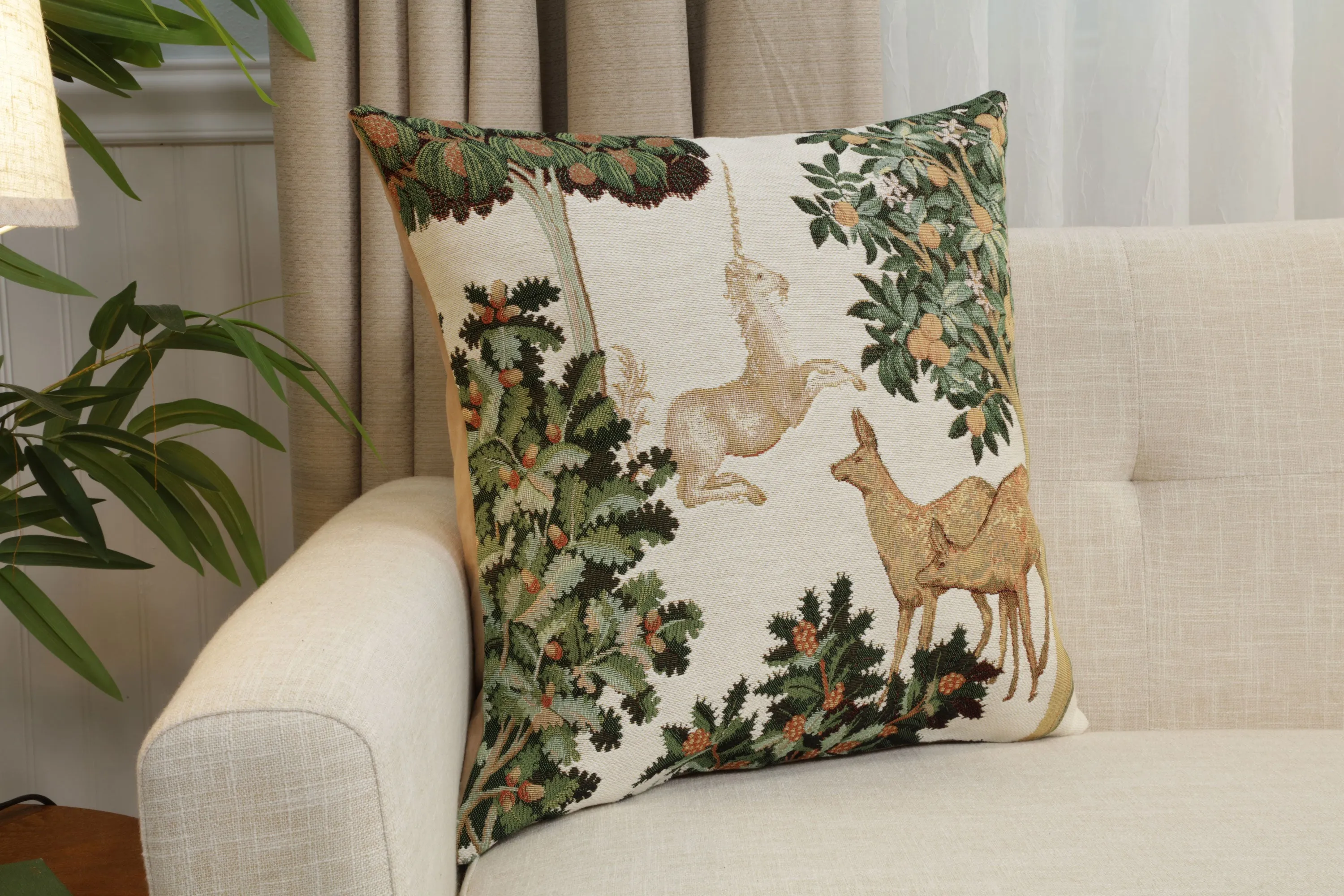 Unicorn and Does Forest White French Tapestry Cushion