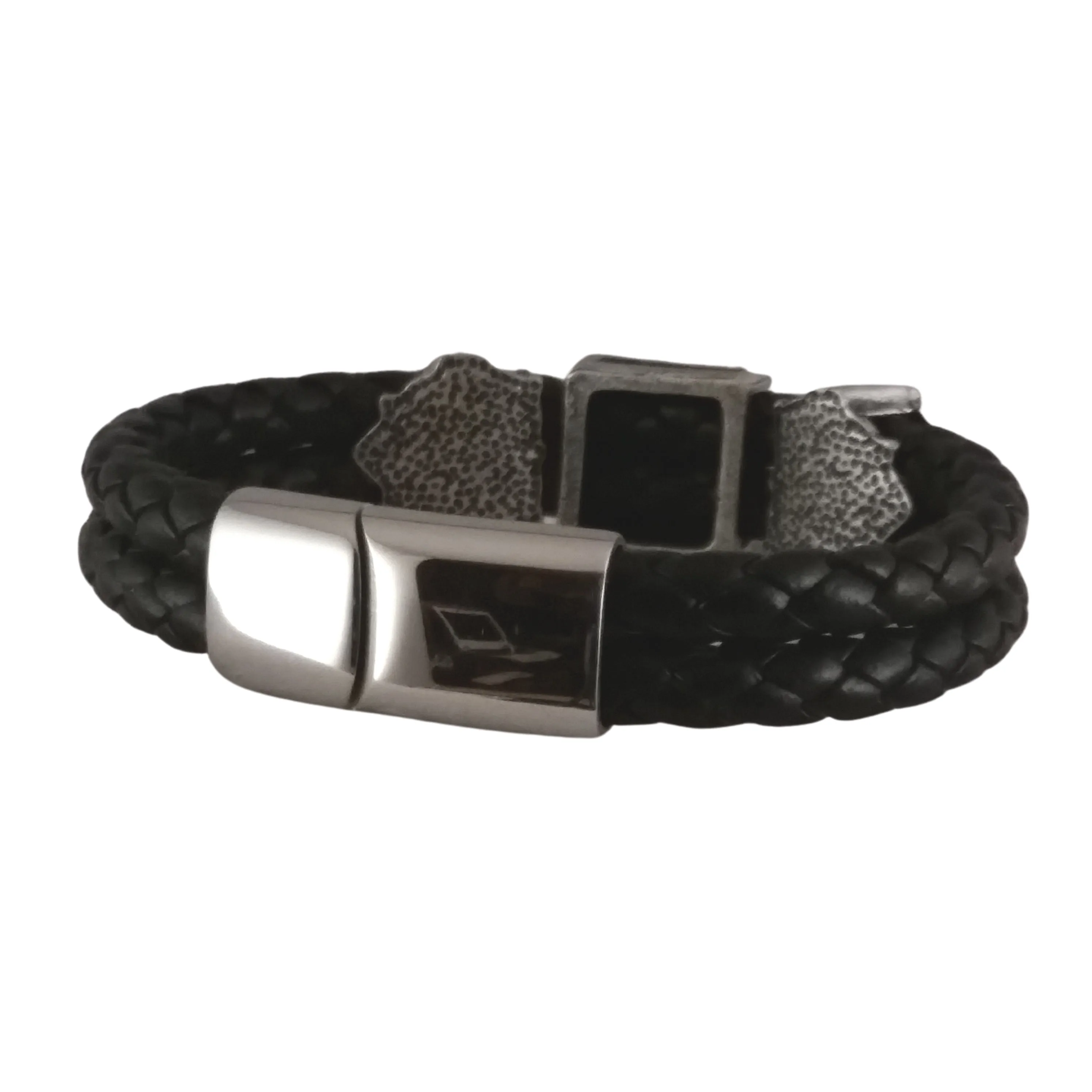 Viking Bracelet Silver Black Leather Odin Sleipnir