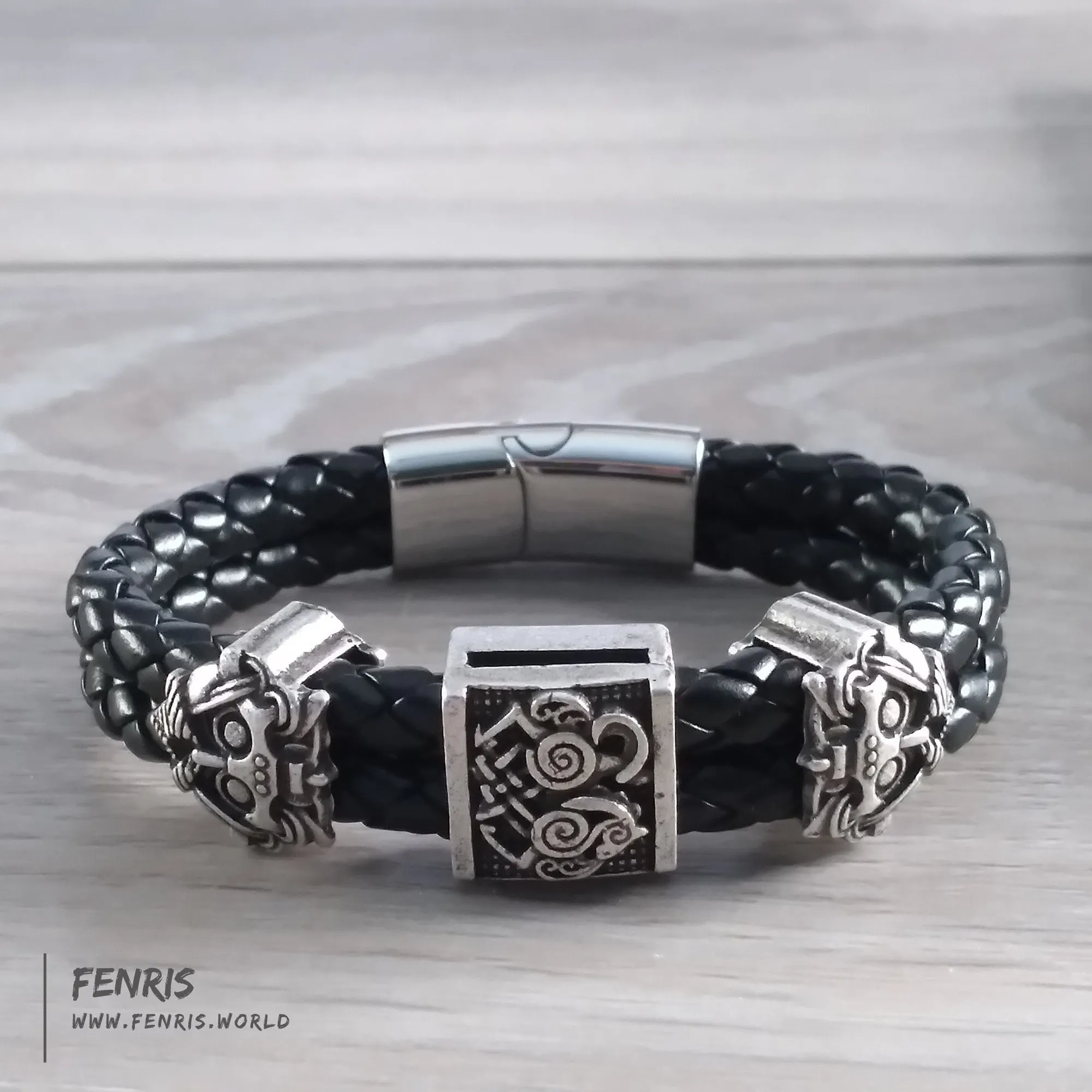 Viking Bracelet Silver Black Leather Odin Sleipnir