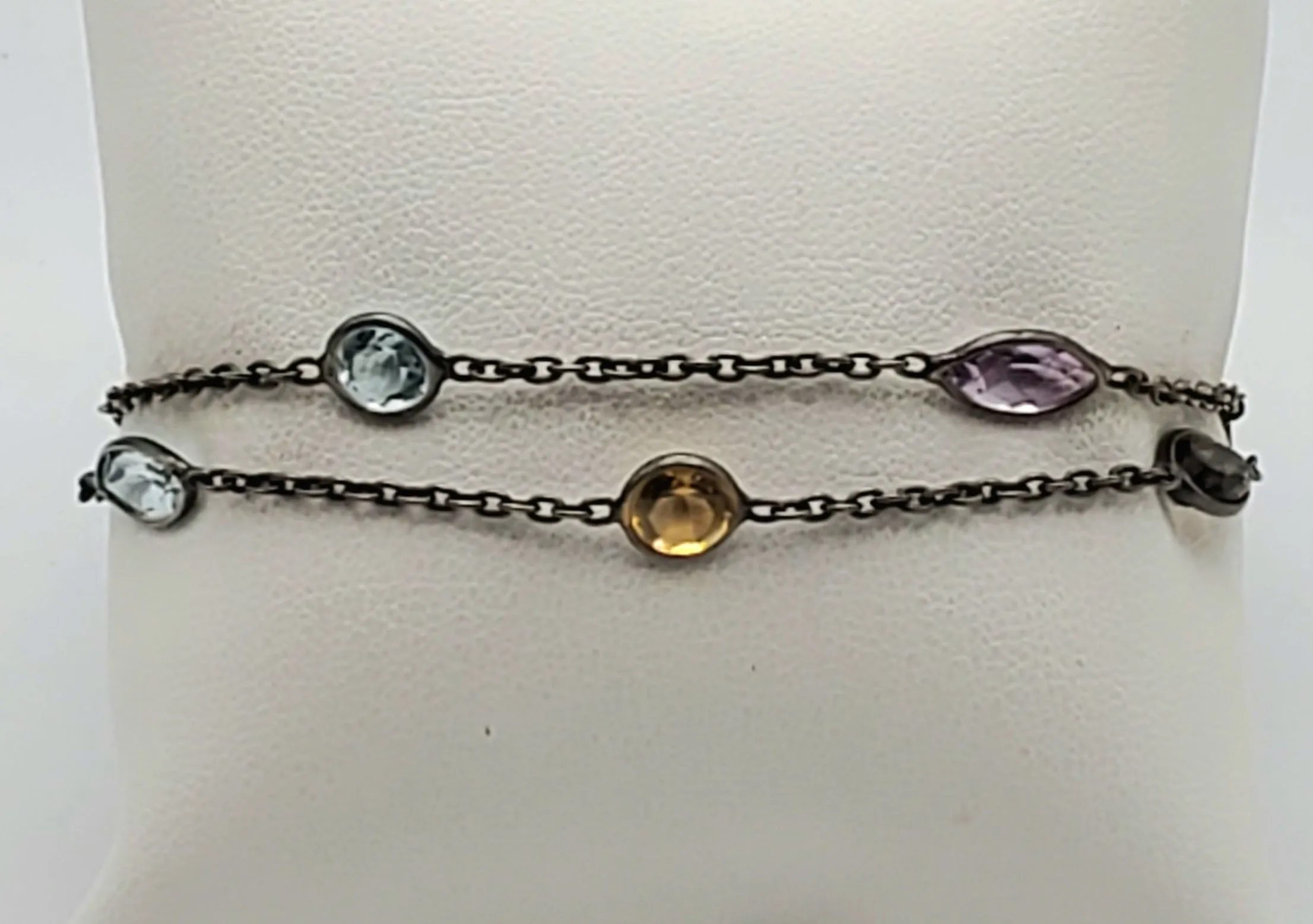 Vintage Double Strand Gemstone Sterling Silver Chain Link Bracelet - 7   1"