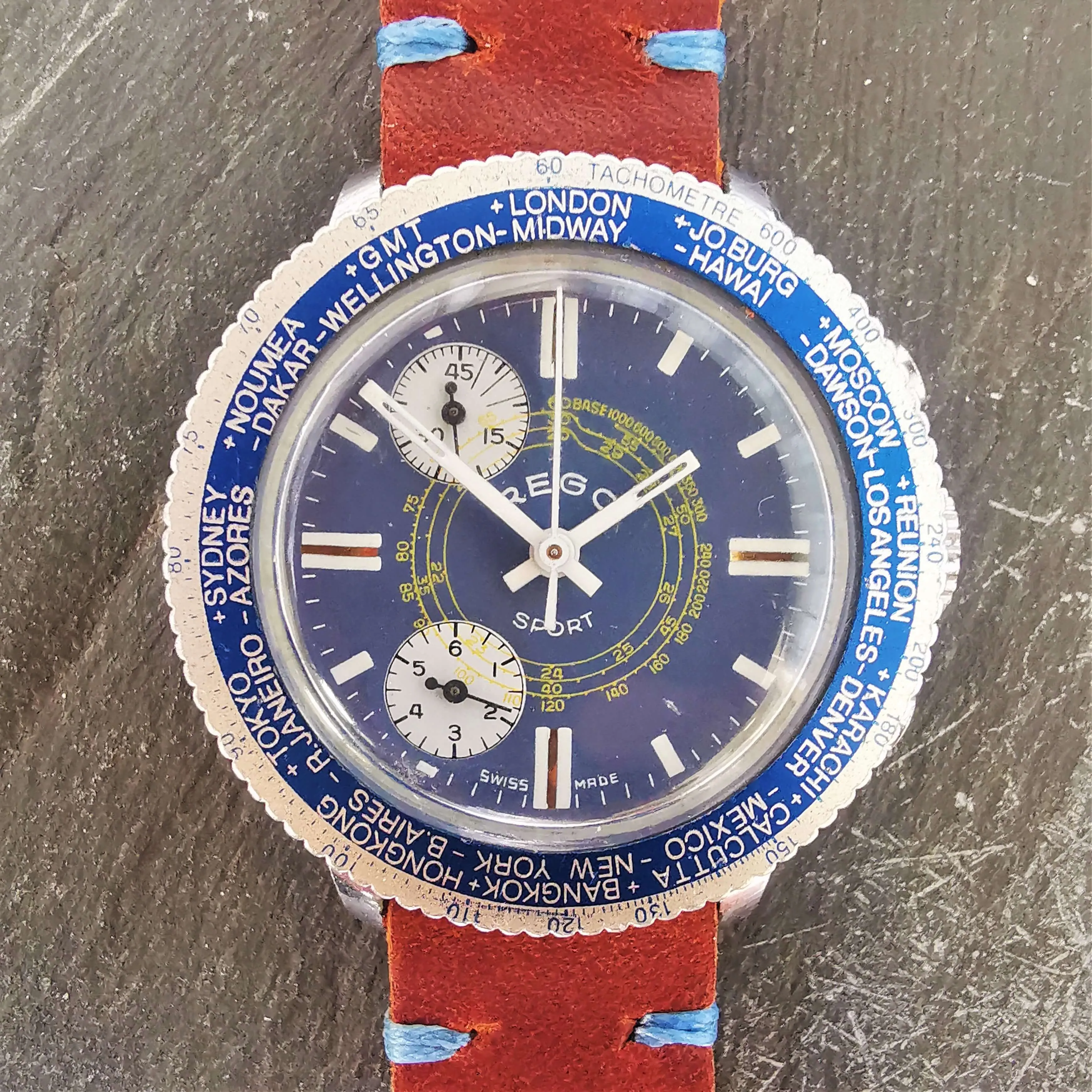 Vintage Men's Blue Swiss Rego Sport // Early 'Stop-Start' Chronograph Watch // With A Handcrafted Genuine Leather Strap