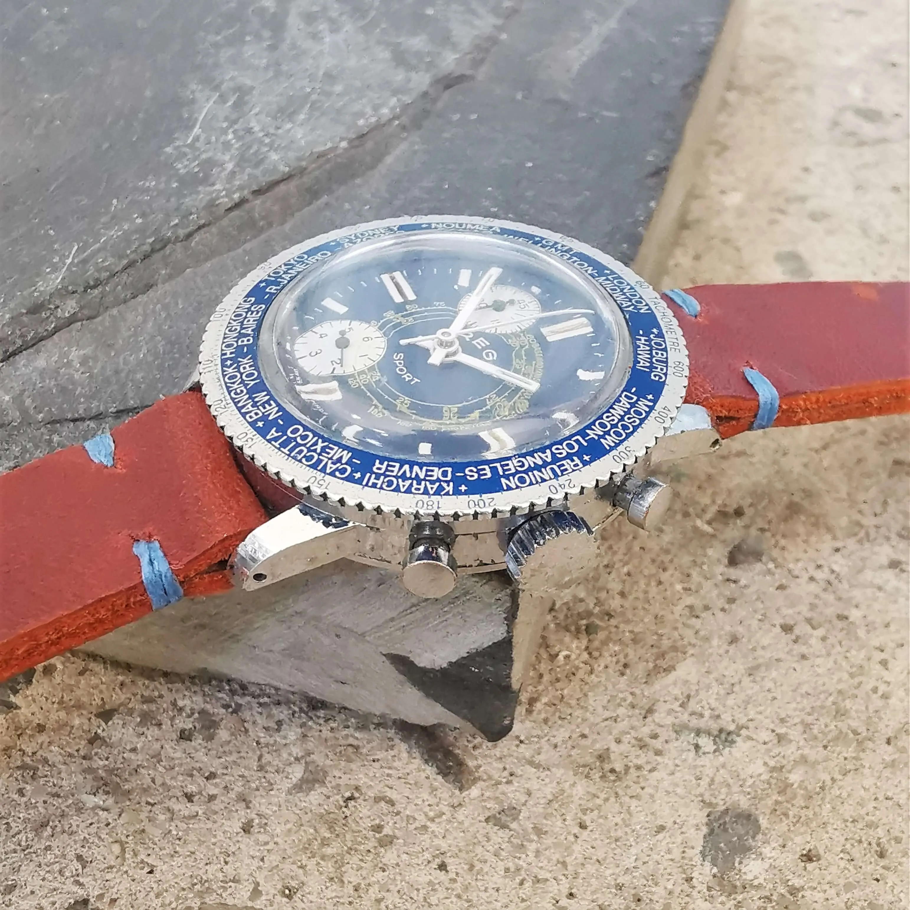 Vintage Men's Blue Swiss Rego Sport // Early 'Stop-Start' Chronograph Watch // With A Handcrafted Genuine Leather Strap